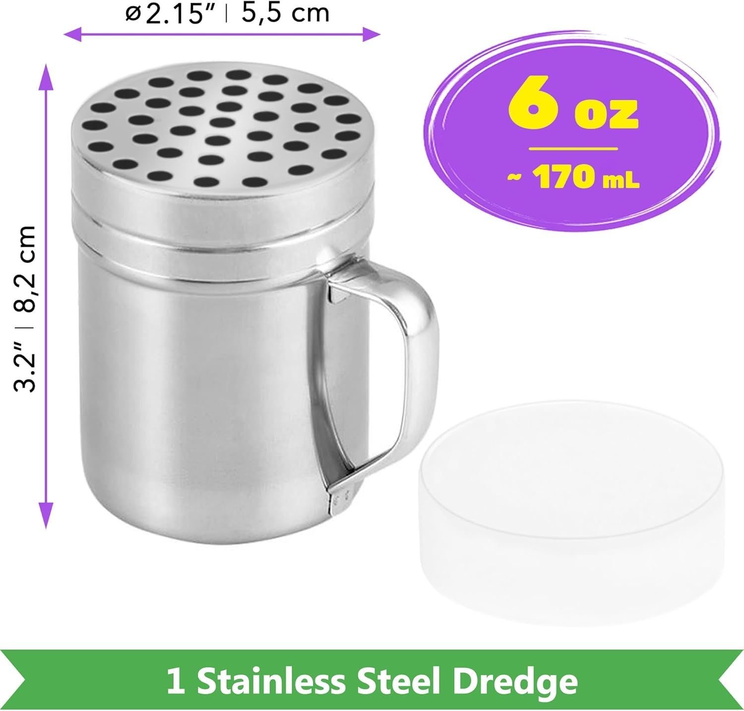 6 oz Powdered Sugar Shaker Duster + 6 oz Metal Parmesan Cheese Shaker Large Holes - All with Plastic Caps and Handles Bundle