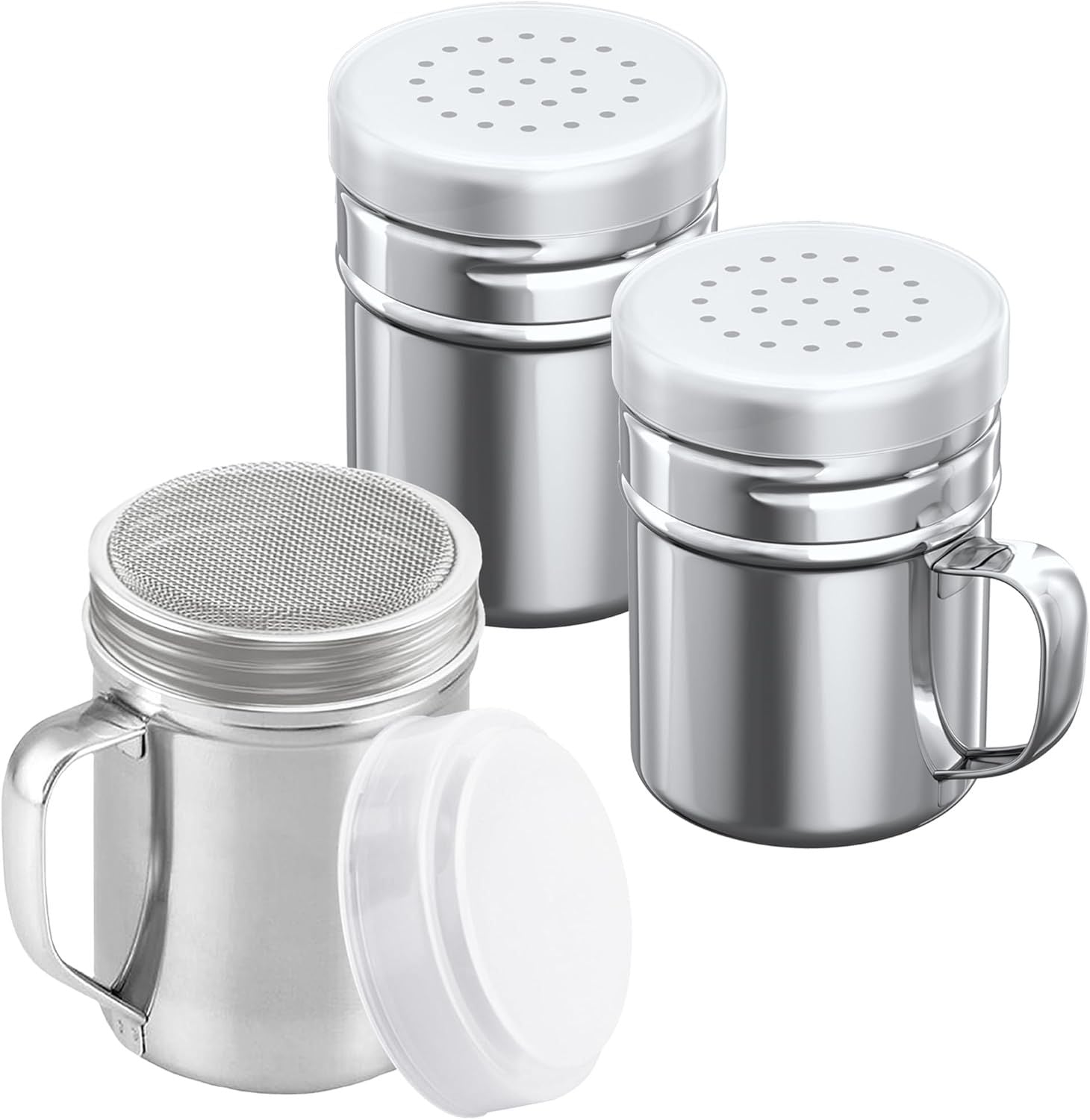 1-pc 6 oz Powdered Sugar Shaker Duster + 2-pcs 6 oz Stainless Steel Salt Pepper Dredge Shakers - All with Plastic Caps and Handles Bundle
