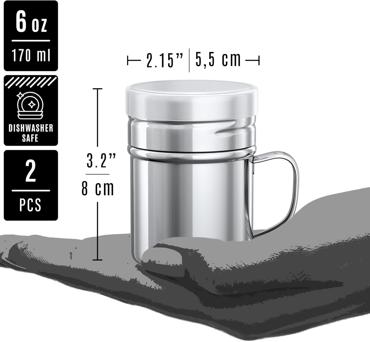1-pc 6 oz Powdered Sugar Shaker Duster + 2-pcs 6 oz Stainless Steel Salt Pepper Dredge Shakers - All with Plastic Caps and Handles Bundle