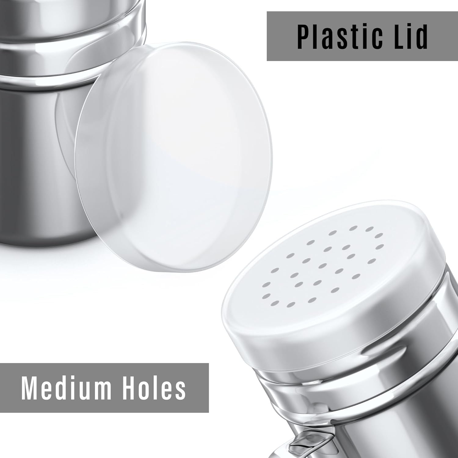 1-pc 6 oz Powdered Sugar Shaker Duster + 2-pcs 6 oz Stainless Steel Salt Pepper Dredge Shakers - All with Plastic Caps and Handles Bundle