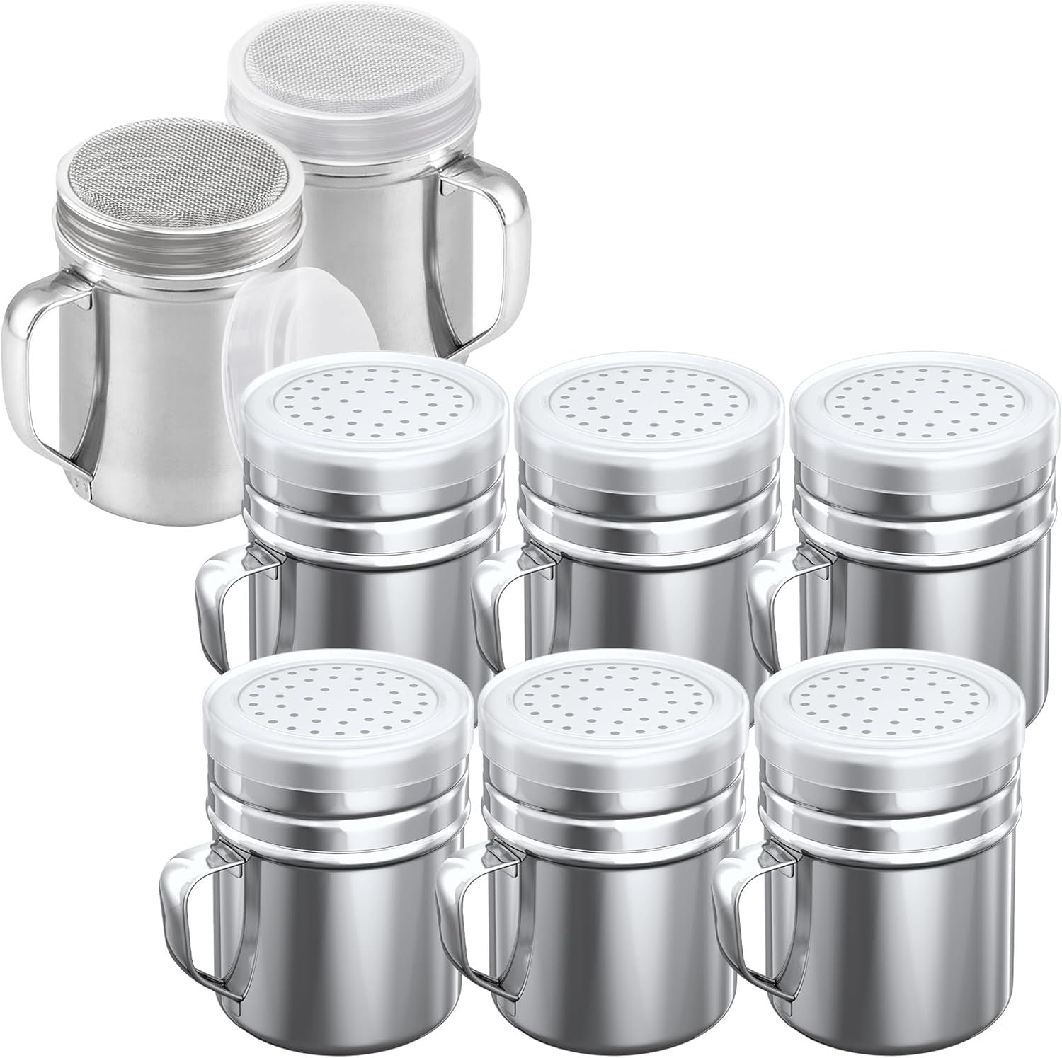 6-pcs 10 oz Stainless Steel Salt Pepper Dredge Shakers + 2-pcs 10 oz Powdered Sugar Shakers - with Plastic Caps & Handles Bundle