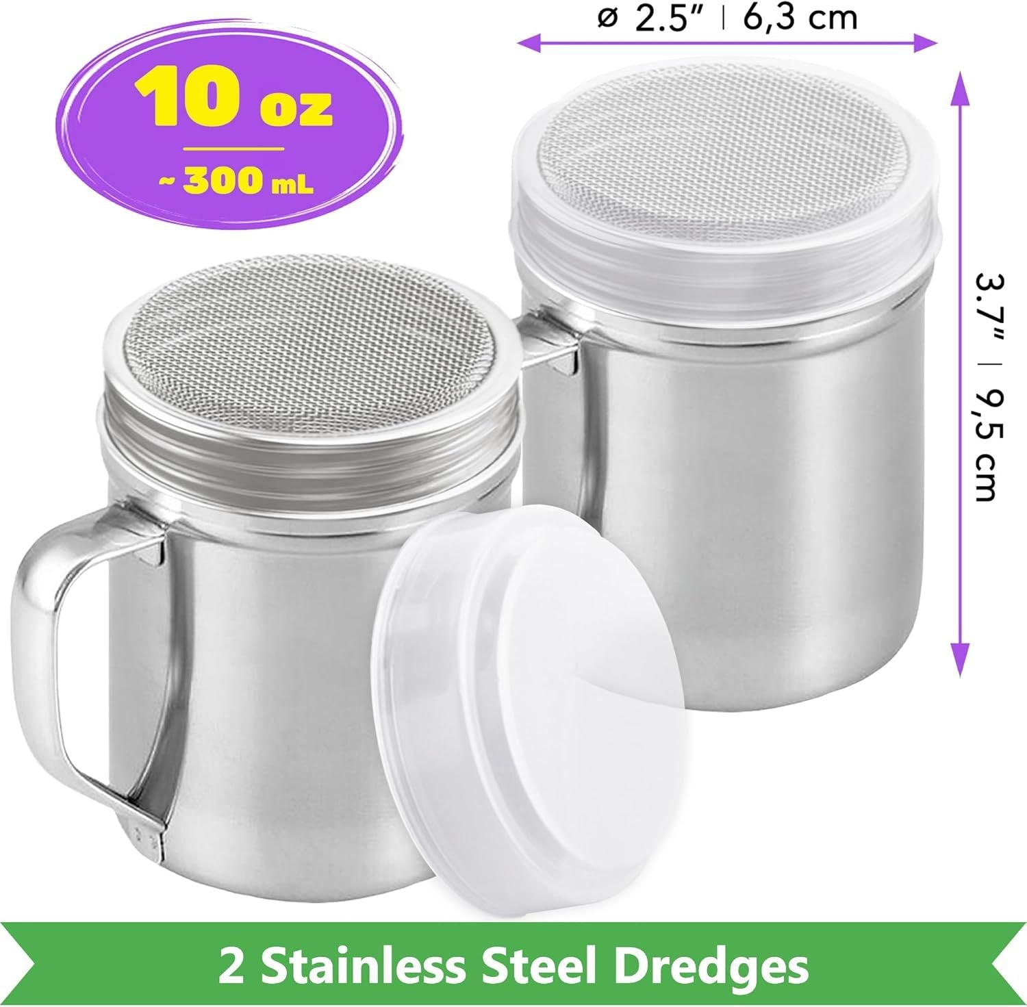 6-pcs 10 oz Stainless Steel Salt Pepper Dredge Shakers + 2-pcs 10 oz Powdered Sugar Shakers - with Plastic Caps & Handles Bundle