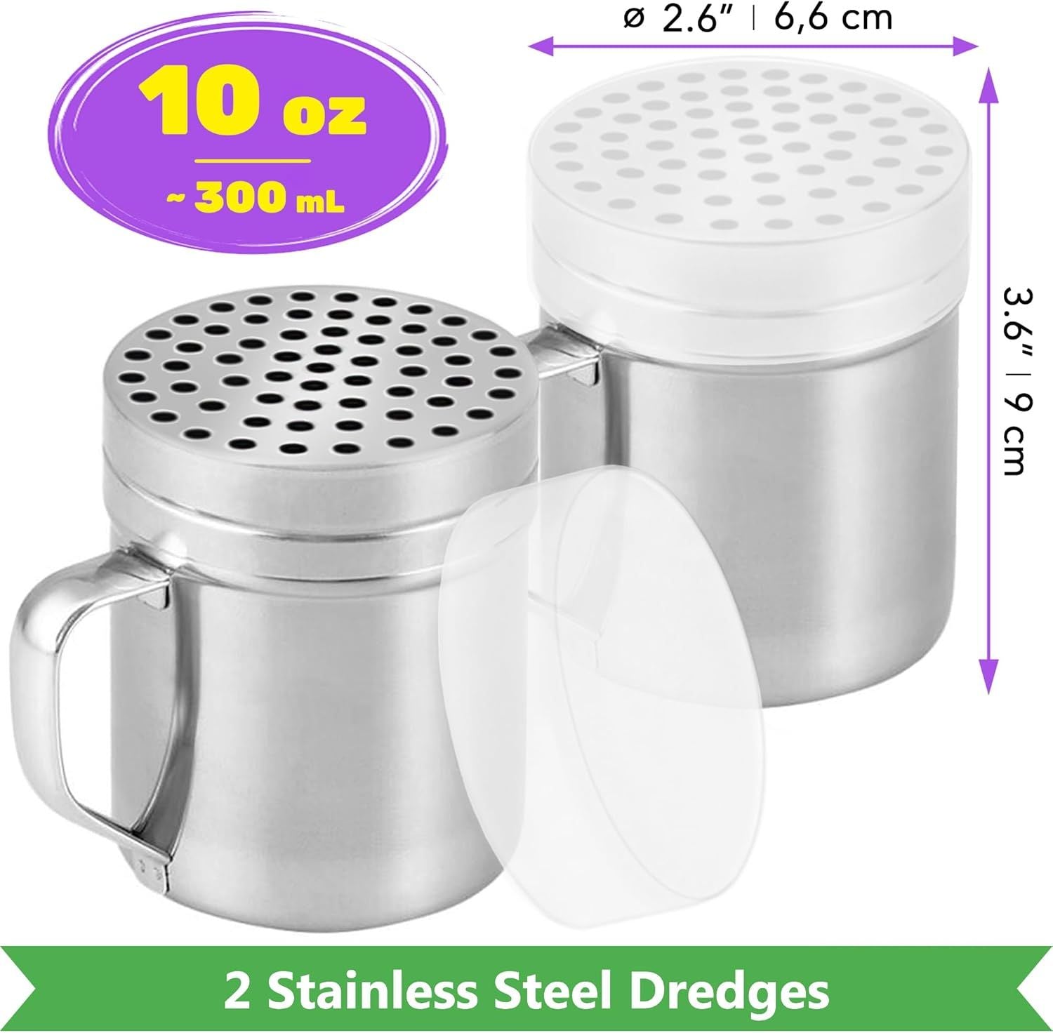 6-pcs 10 oz Stainless Steel Salt Pepper Dredge Shakers + 2-pcs 10 oz Metal Parmesan Cheese Shakers - with Plastic Caps & Handles Bundle