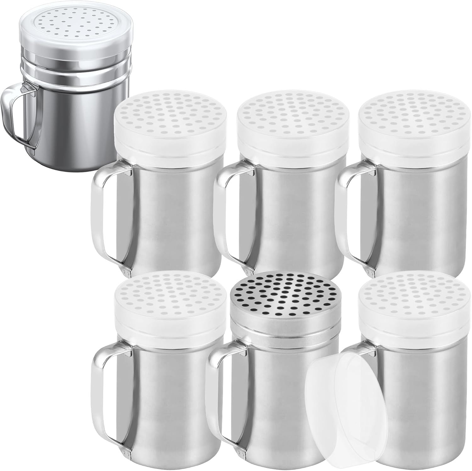 6-pcs 14 oz Metal Parmesan Cheese Shakers Large Holes + 1-pc 10 oz Stainless Steel Salt Pepper Dredge Shaker - with Plastic Caps & Handles Bundle