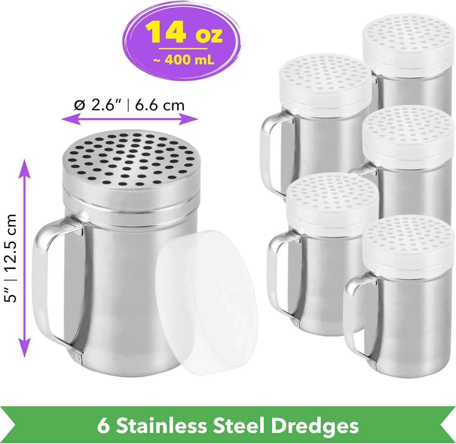 6-pcs 14 oz Metal Parmesan Cheese Shakers Large Holes + 1-pc 10 oz Stainless Steel Salt Pepper Dredge Shaker - with Plastic Caps & Handles Bundle
