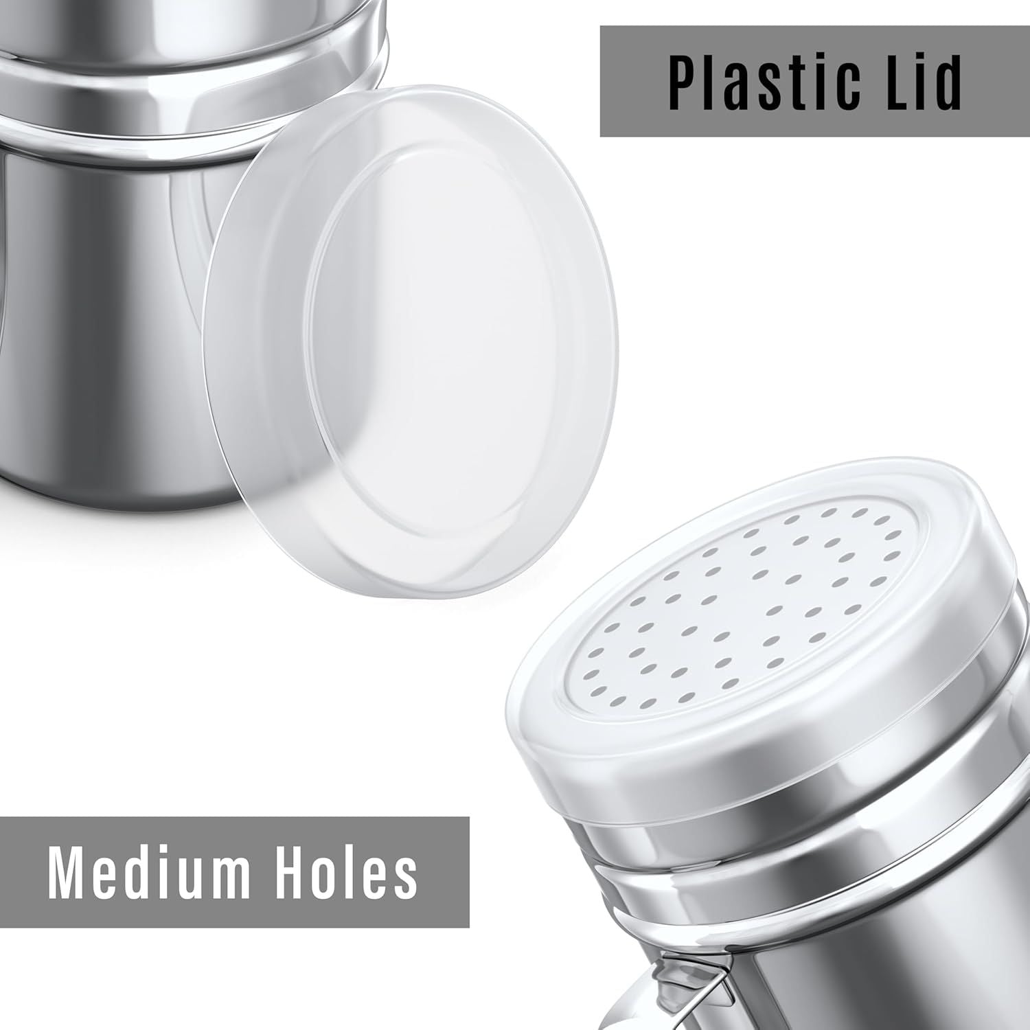 6-pcs 14 oz Metal Parmesan Cheese Shakers Large Holes + 1-pc 10 oz Stainless Steel Salt Pepper Dredge Shaker - with Plastic Caps & Handles Bundle