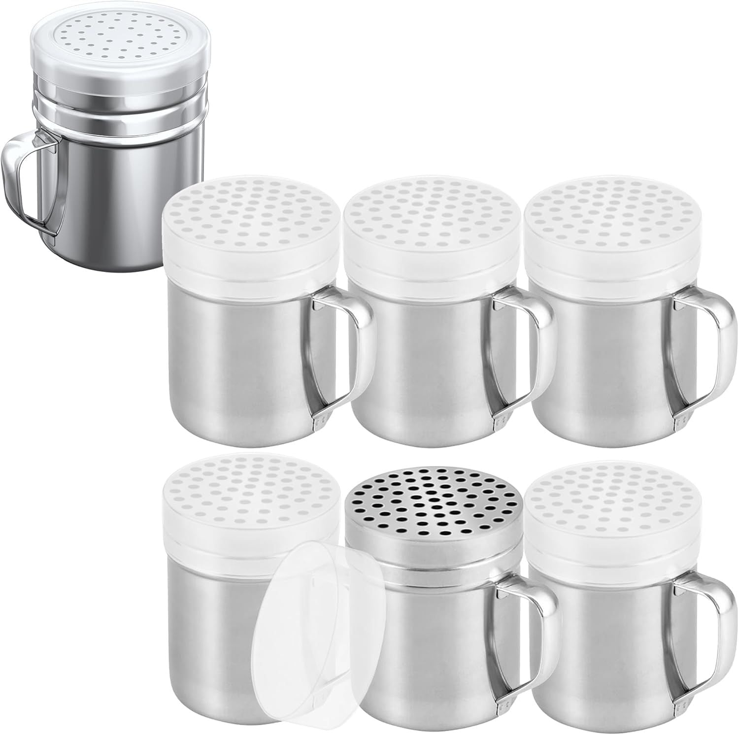 6-pcs 10 oz Metal Parmesan Cheese Shakers Large Holes + 1-pc 10 oz Stainless Steel Salt Pepper Dredge Shaker - with Plastic Caps & Handles Bundle