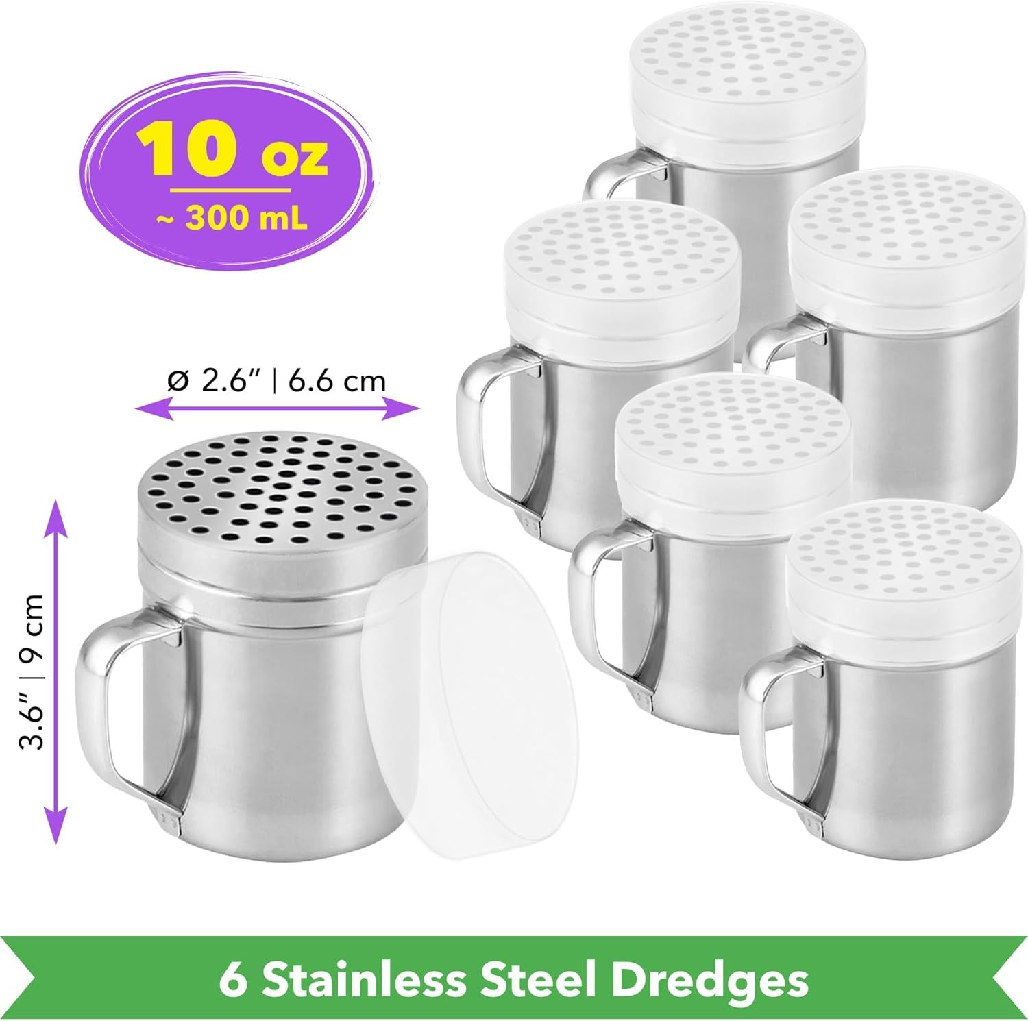 6-pcs 10 oz Metal Parmesan Cheese Shakers Large Holes + 1-pc 10 oz Stainless Steel Salt Pepper Dredge Shaker - with Plastic Caps & Handles Bundle