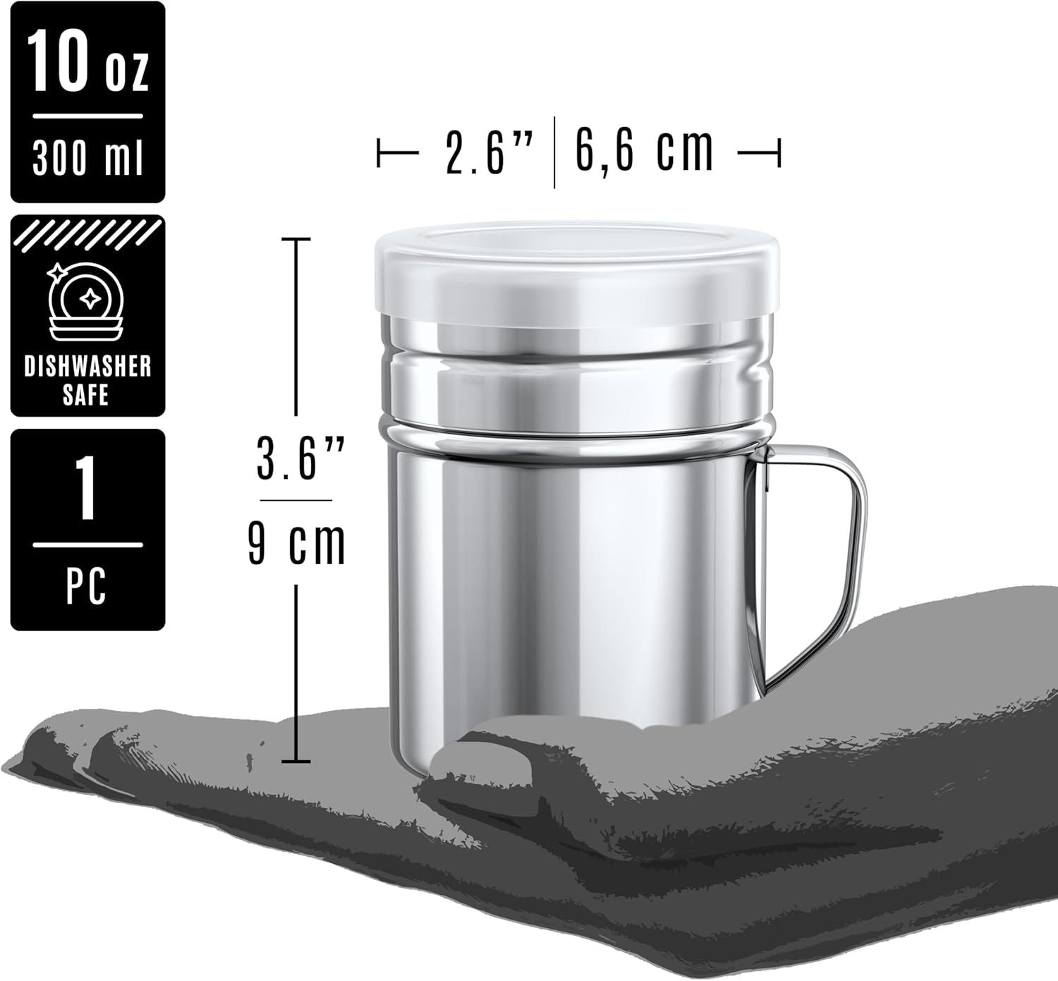 6-pcs 10 oz Metal Parmesan Cheese Shakers Large Holes + 1-pc 10 oz Stainless Steel Salt Pepper Dredge Shaker - with Plastic Caps & Handles Bundle
