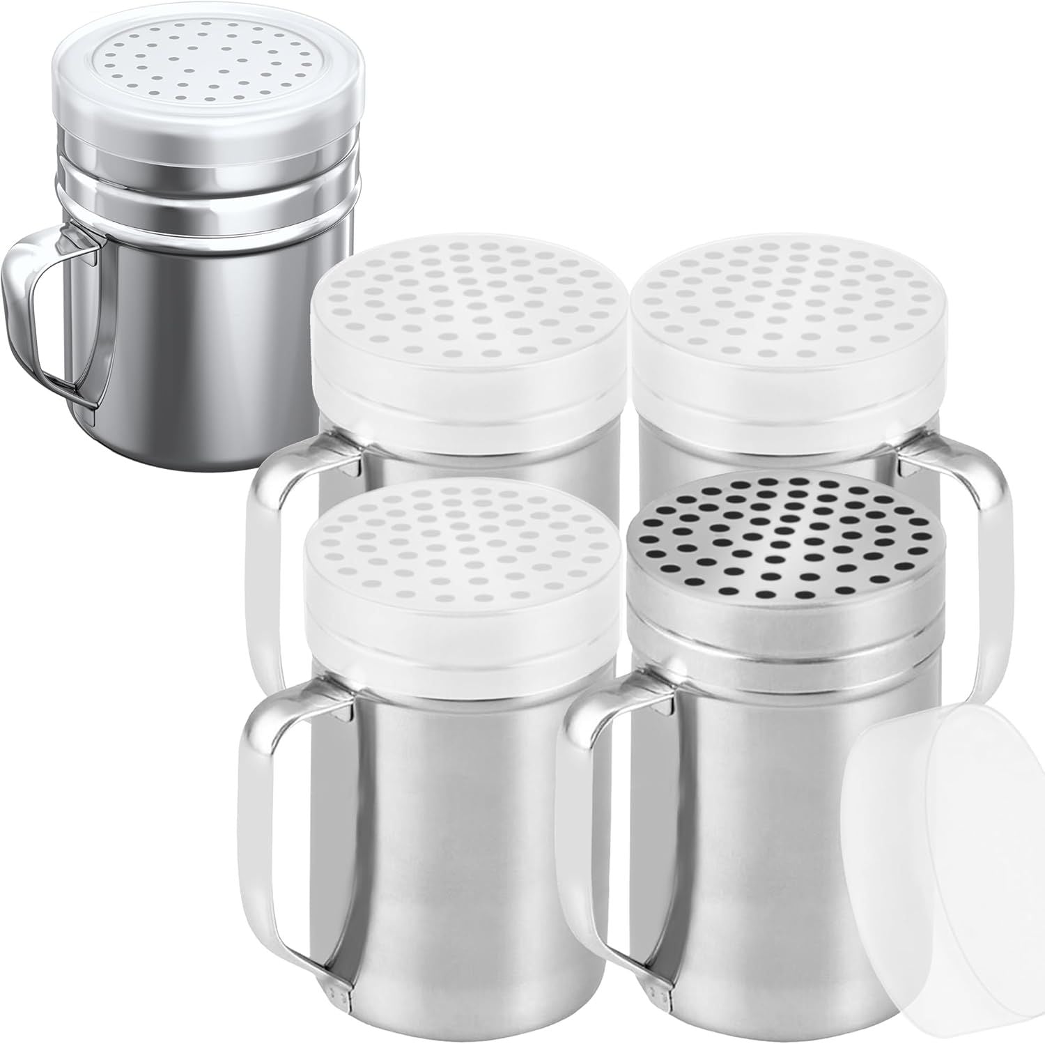 4-pcs 14 oz Metal Parmesan Cheese Shakers Large Holes + 1-pc 10 oz Stainless Steel Salt Pepper Dredge Shaker - with Plastic Caps & Handles Bundle