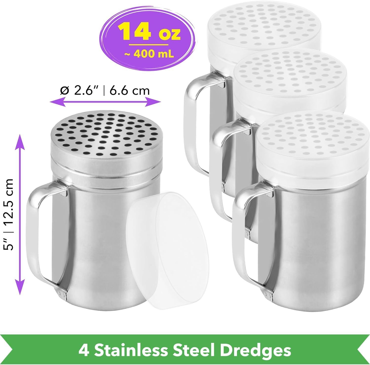 4-pcs 14 oz Metal Parmesan Cheese Shakers Large Holes + 1-pc 10 oz Stainless Steel Salt Pepper Dredge Shaker - with Plastic Caps & Handles Bundle