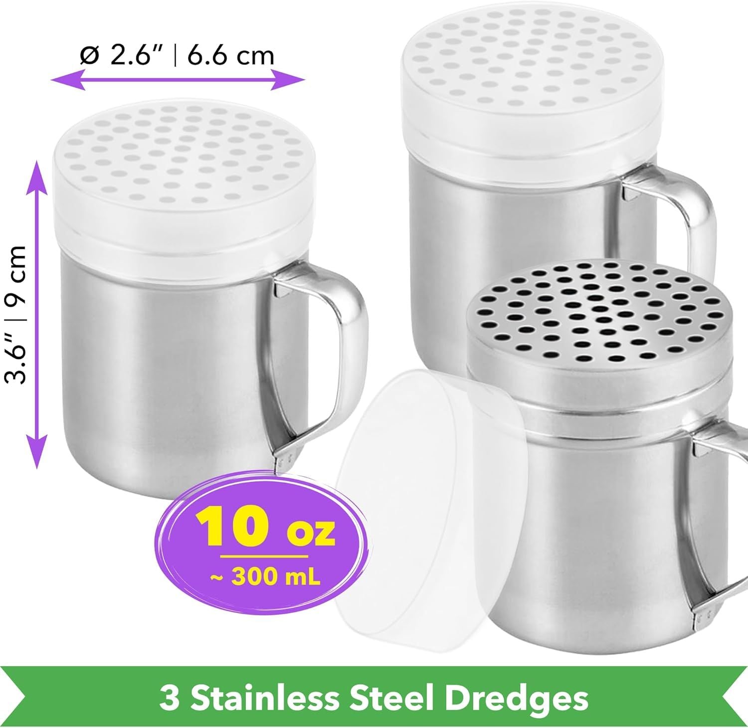 3-pcs 10 oz Metal Parmesan Cheese Shakers Large Holes + 1-pc 10 oz Stainless Steel Salt Pepper Dredge Shaker - with Plastic Caps & Handles Bundle