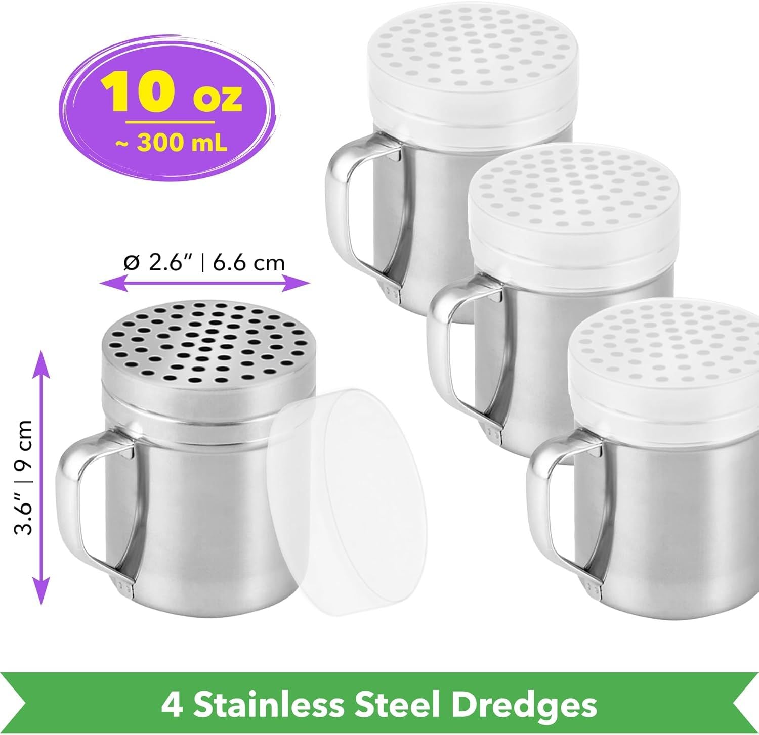 4-pcs 10 oz Metal Parmesan Cheese Shakers Large Holes + 1-pc 10 oz Stainless Steel Salt Pepper Dredge Shaker - with Plastic Caps & Handles Bundle