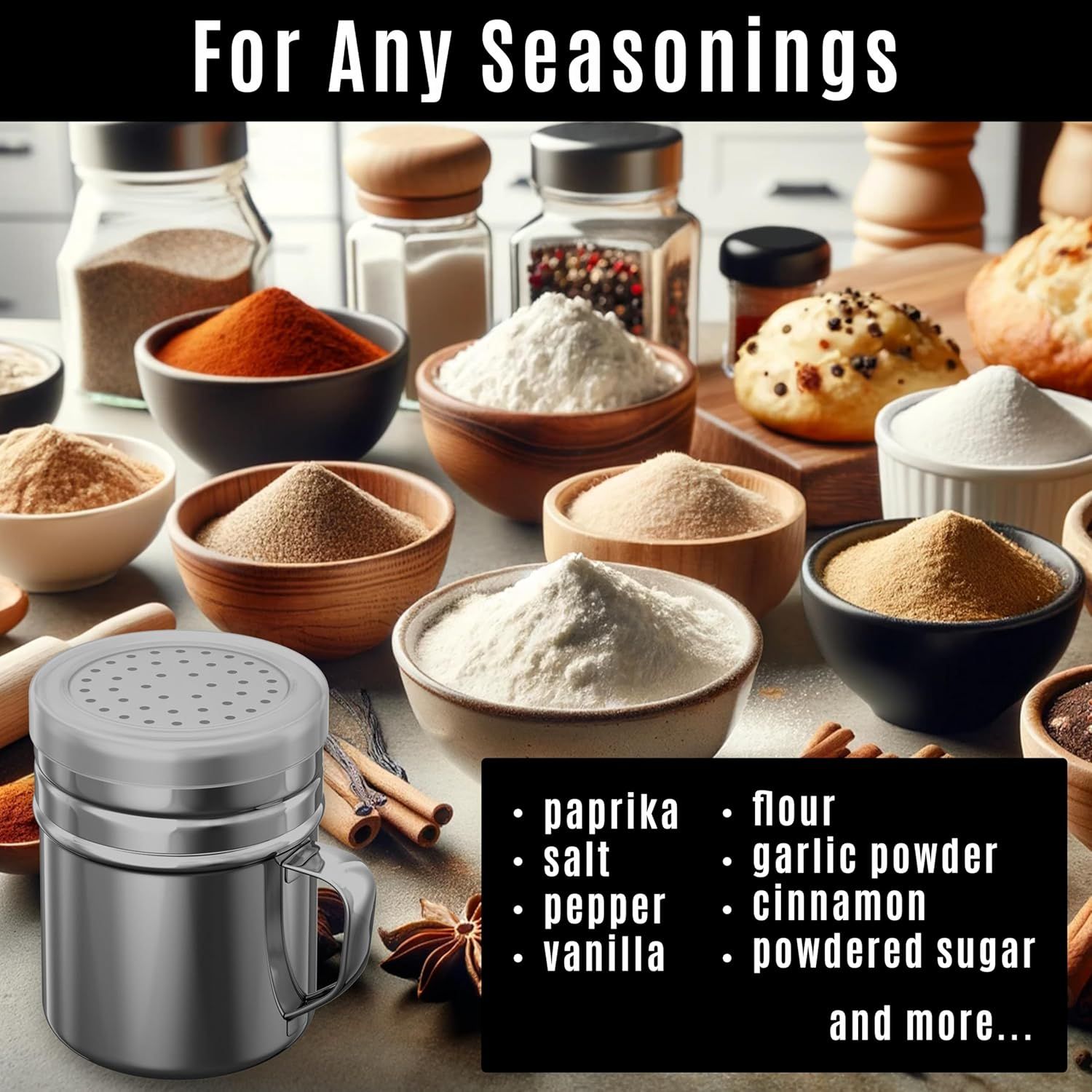 4-pcs 10 oz Metal Parmesan Cheese Shakers Large Holes + 1-pc 10 oz Stainless Steel Salt Pepper Dredge Shaker - with Plastic Caps & Handles Bundle