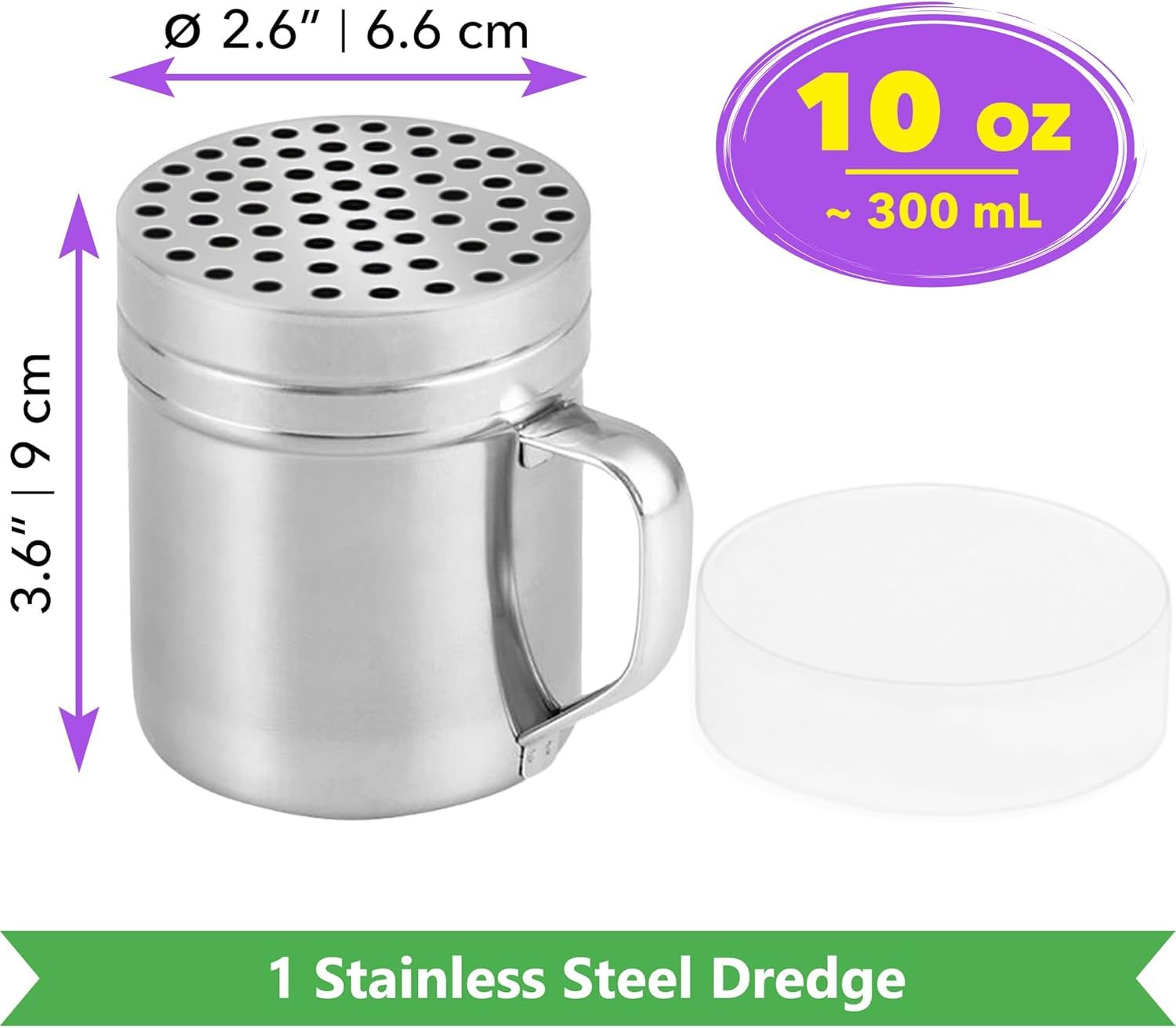 1-pc 10 oz Metal Parmesan Cheese Shaker Large Holes + 2-pcs 14 oz Metal Salt Pepper Dredge Shakers - with Plastic Caps & Handles Bundle