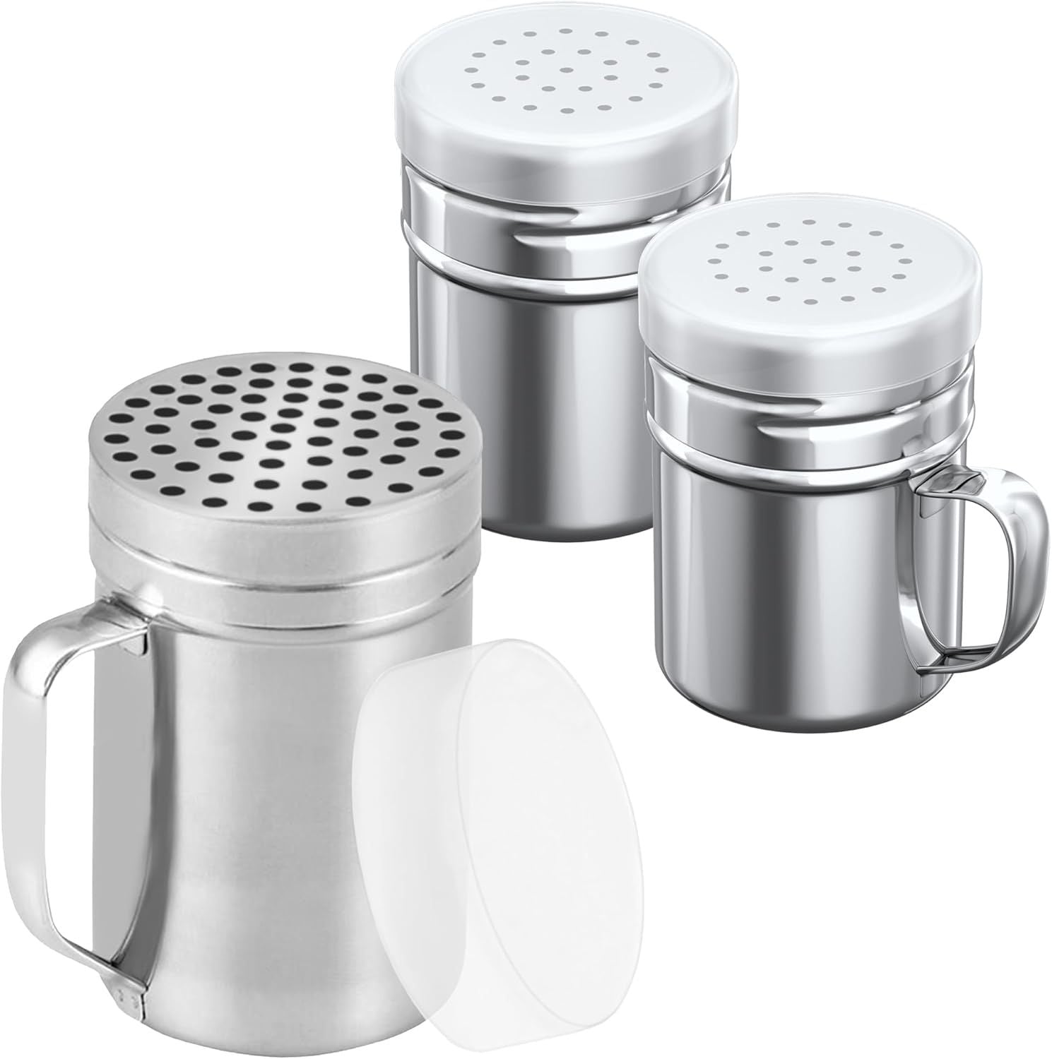 1-pc 14 oz Metal Parmesan Cheese Shaker Large Holes + 2-pcs 6 oz Metal Salt Pepper Dredge Shakers - with Plastic Caps & Handles Bundle