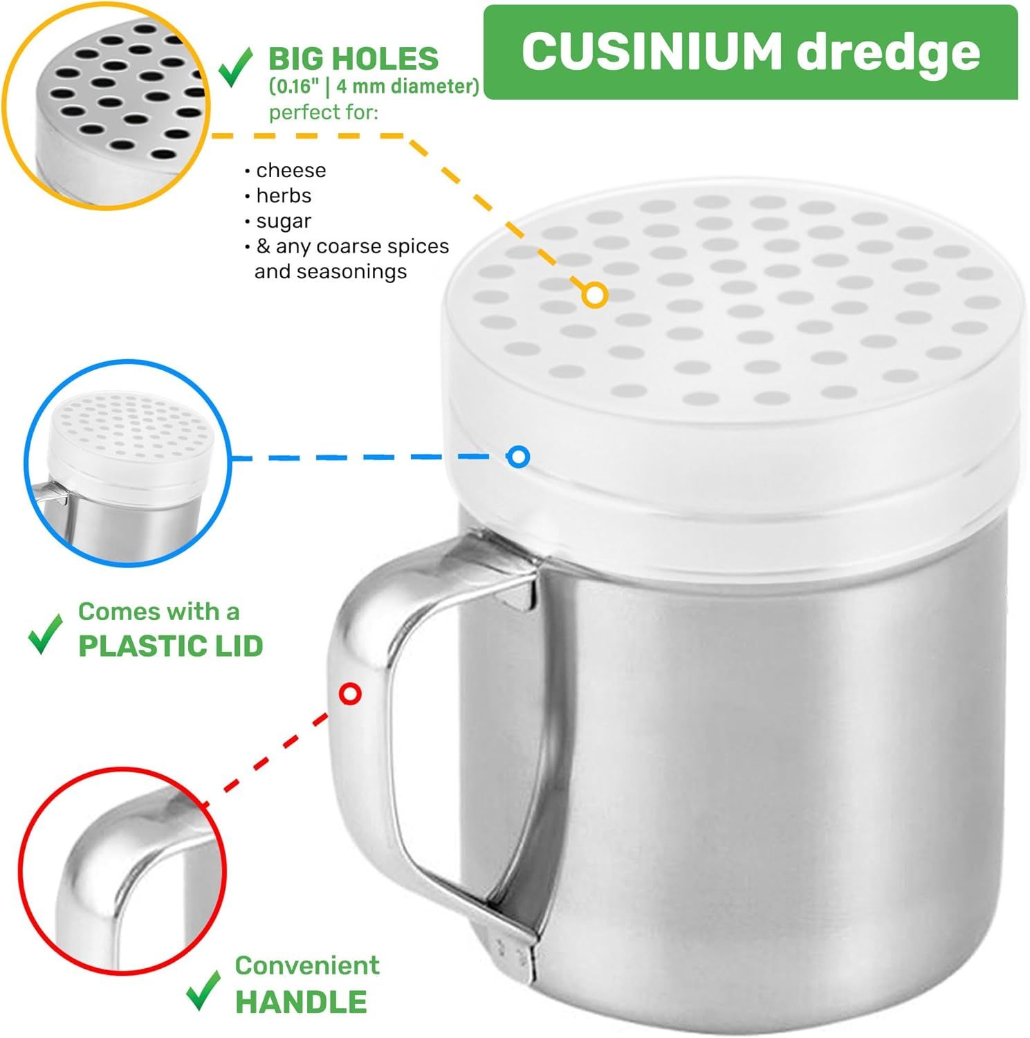 1-pc 10 oz Metal Parmesan Cheese Shaker Large Holes + 2-pcs 6 oz Metal Salt Pepper Dredge Shakers - with Plastic Caps & Handles Bundle