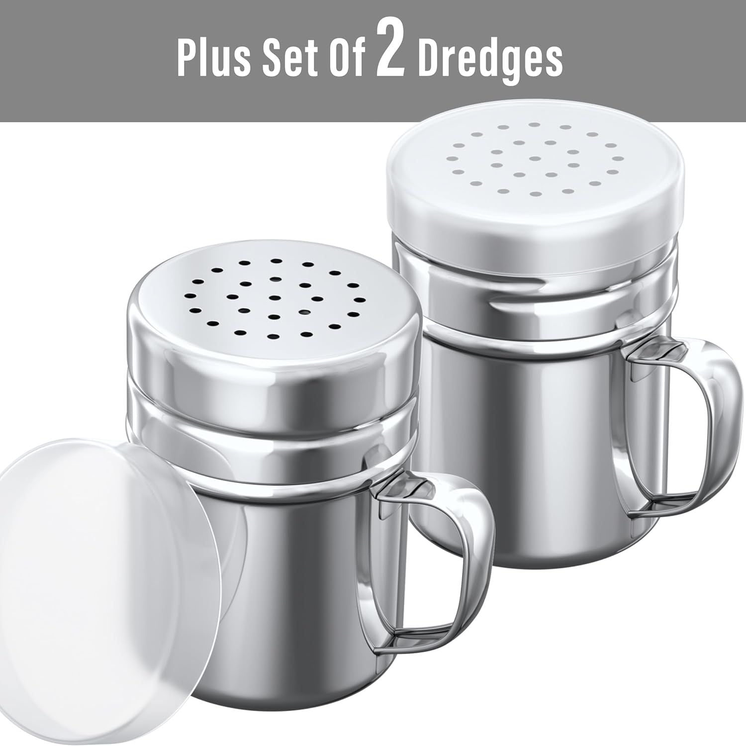 1-pc 10 oz Metal Parmesan Cheese Shaker Large Holes + 2-pcs 6 oz Metal Salt Pepper Dredge Shakers - with Plastic Caps & Handles Bundle
