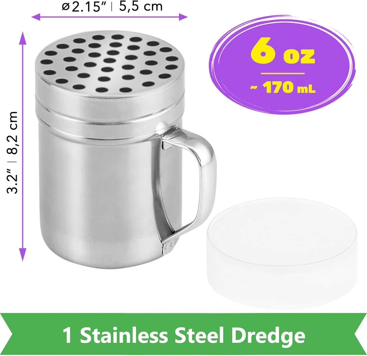 1-pc 6 oz Metal Parmesan Cheese Shaker Large Holes + 2-pcs 6 oz Metal Salt Pepper Dredge Shakers - with Plastic Caps & Handles Bundle
