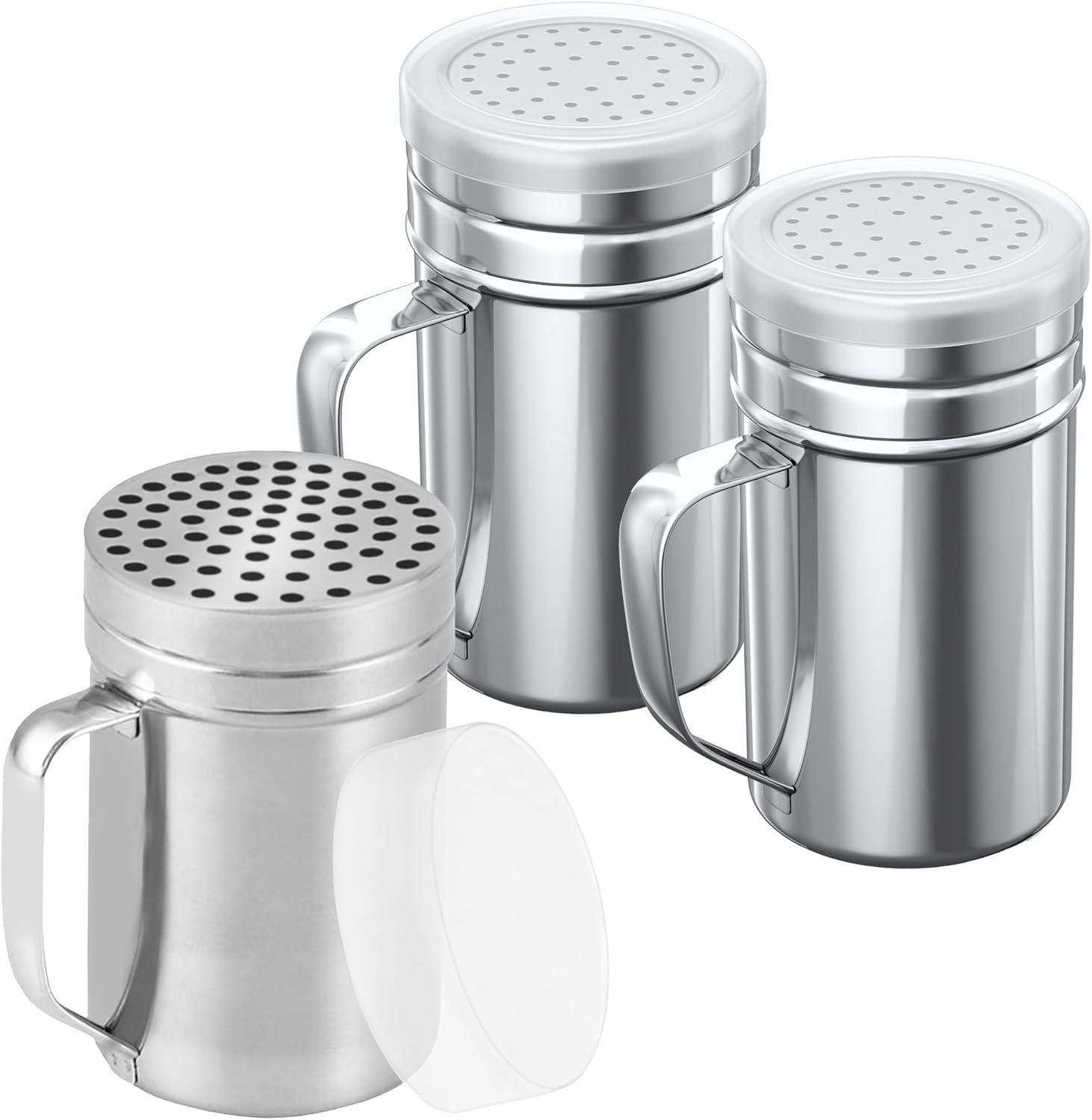 1-pc 14 oz Metal Parmesan Cheese Shaker Large Holes + 2-pcs 14 oz Metal Salt Pepper Dredge Shakers - with Plastic Caps & Handles Bundle