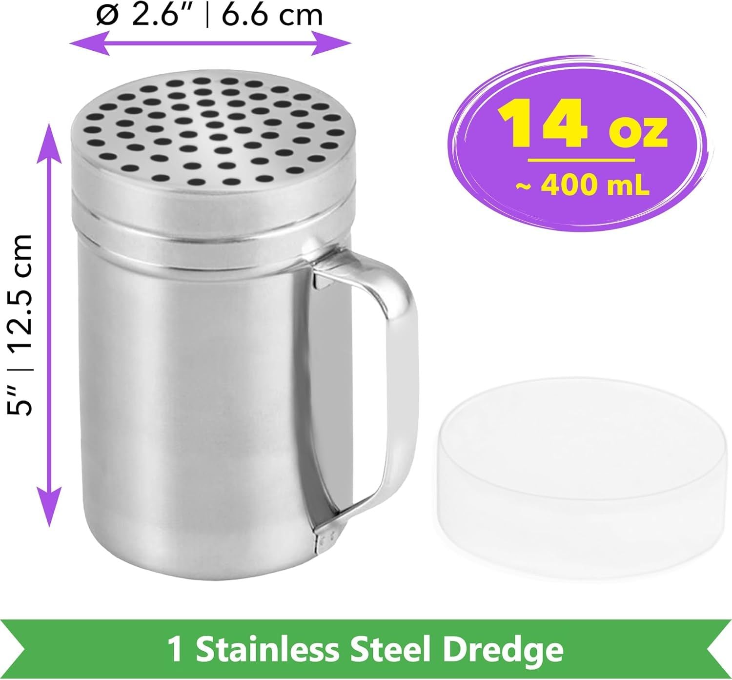 1-pc 14 oz Metal Parmesan Cheese Shaker Large Holes + 2-pcs 14 oz Metal Salt Pepper Dredge Shakers - with Plastic Caps & Handles Bundle