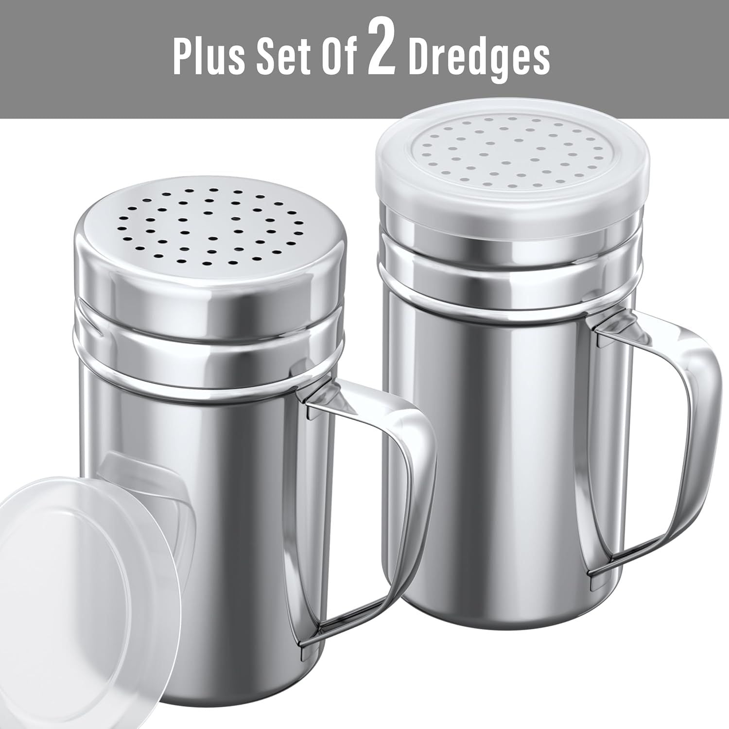 1-pc 14 oz Metal Parmesan Cheese Shaker Large Holes + 2-pcs 14 oz Metal Salt Pepper Dredge Shakers - with Plastic Caps & Handles Bundle