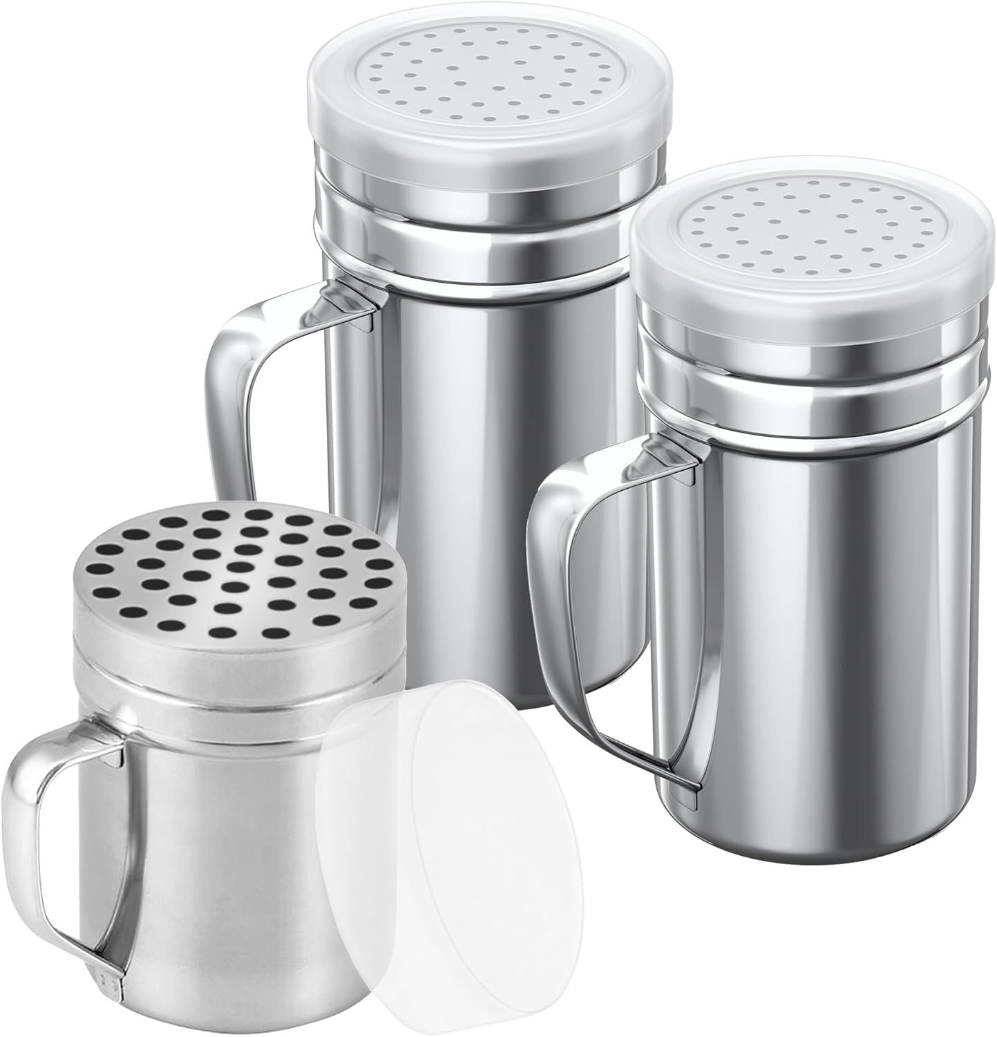 1-pc 6 oz Metal Parmesan Cheese Shaker Large Holes + 2-pcs 14 oz Metal Salt Pepper Dredge Shakers - with Plastic Caps & Handles Bundle