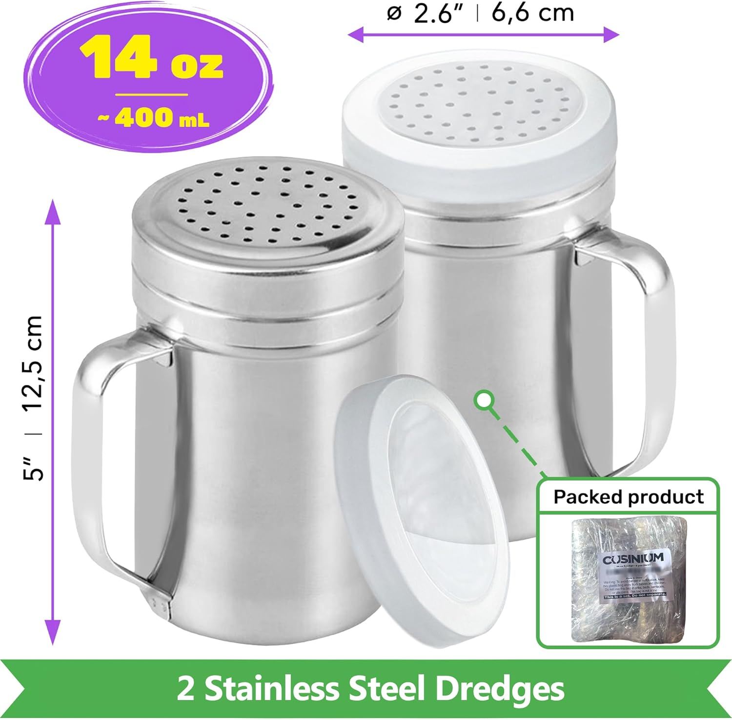 2-pcs 14 oz Large Metal Salt Pepper Dredge Shakers + 1-pcs 14 oz Metal Parmesan Cheese Shaker - with Hadles and Caps Bundle