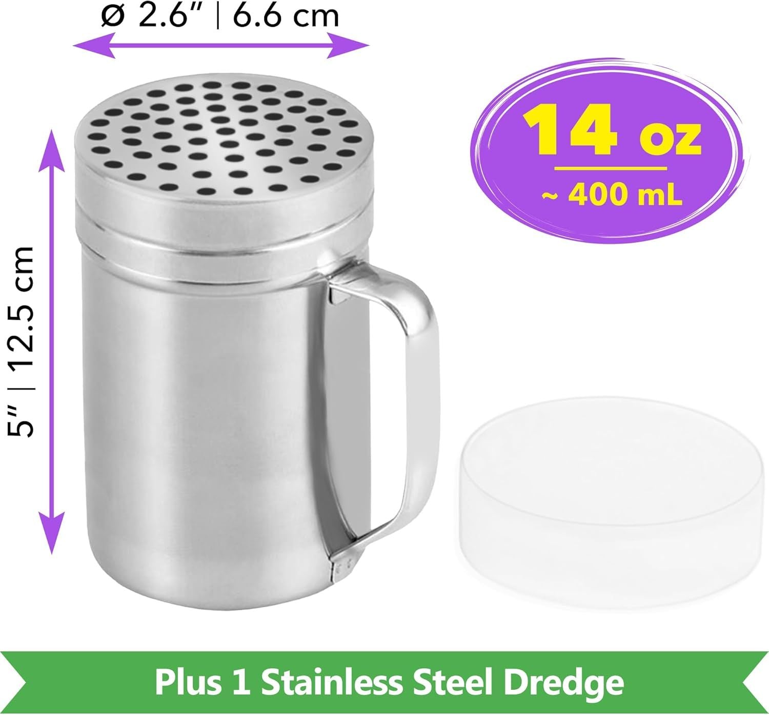 2-pcs 14 oz Large Metal Salt Pepper Dredge Shakers + 1-pcs 14 oz Metal Parmesan Cheese Shaker - with Hadles and Caps Bundle