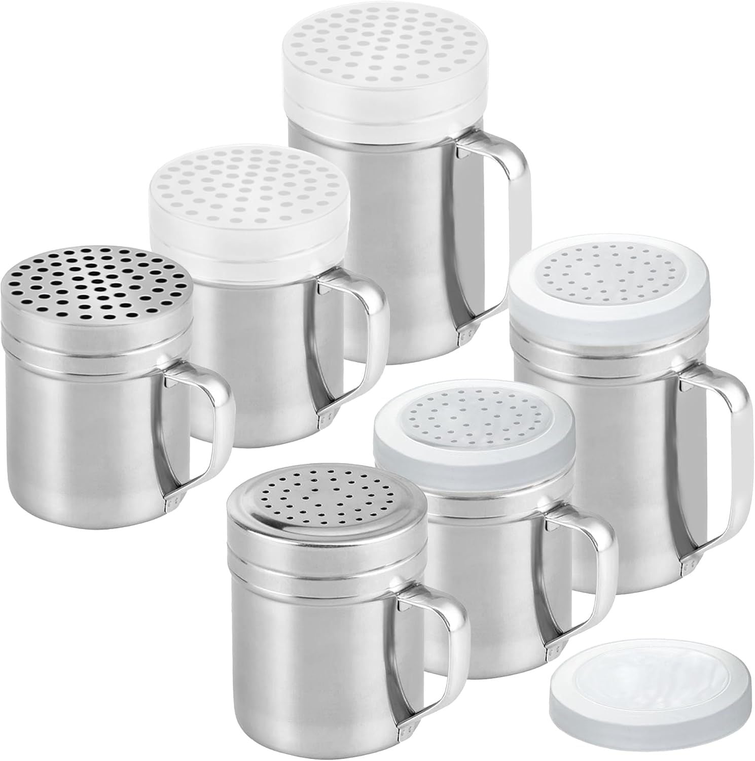 10 2pcs + 14oz o each Metal Salt Pepper Dredge + Parmesan Cheese Shakers - with Handles and Caps Bundle