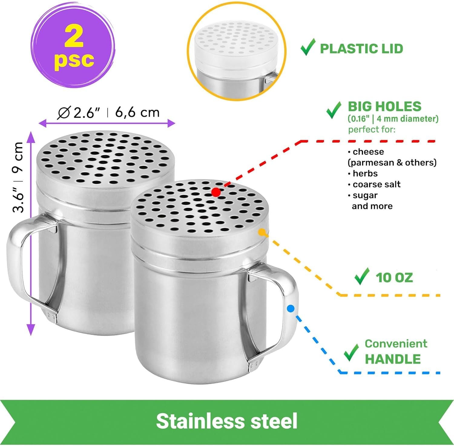 10 2pcs + 14oz o each Metal Salt Pepper Dredge + Parmesan Cheese Shakers - with Handles and Caps Bundle