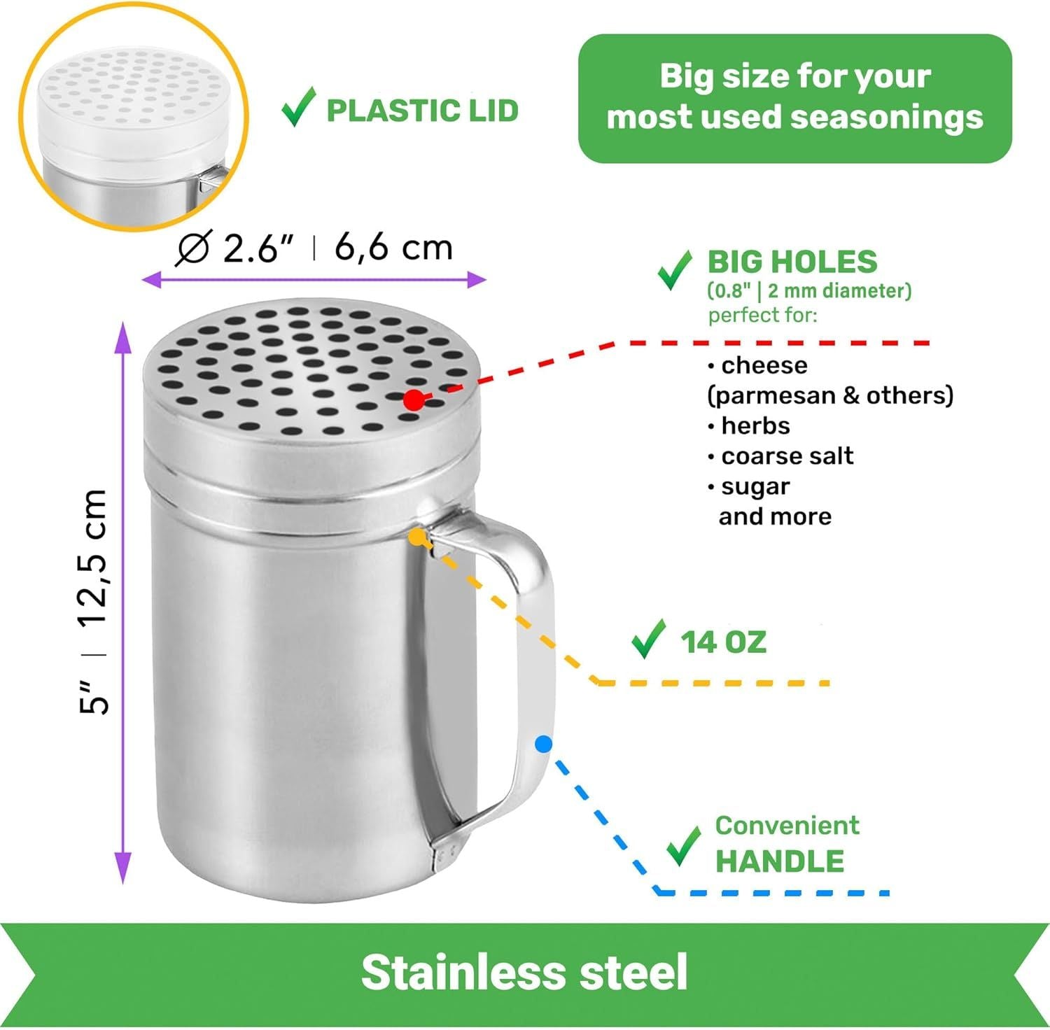 10 2pcs + 14oz o each Metal Salt Pepper Dredge + Parmesan Cheese Shakers - with Handles and Caps Bundle