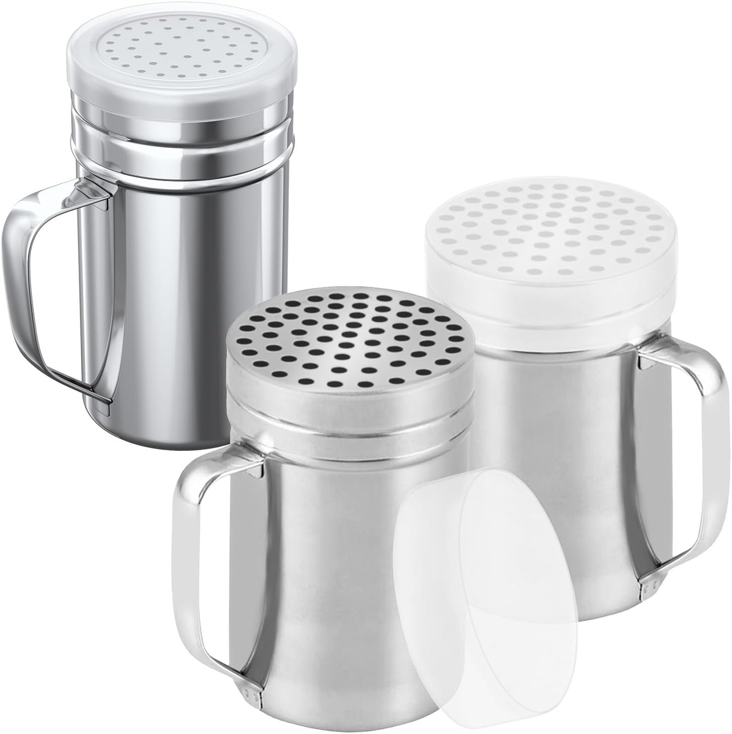 2-pcs 14oz Metal Parmesan Cheese Shakers Large Holes + 1-pcs 14oz Stainless Steel Salt & Pepper Dredge Shaker Medium Holes - with Plastic Caps and Handles Bundle