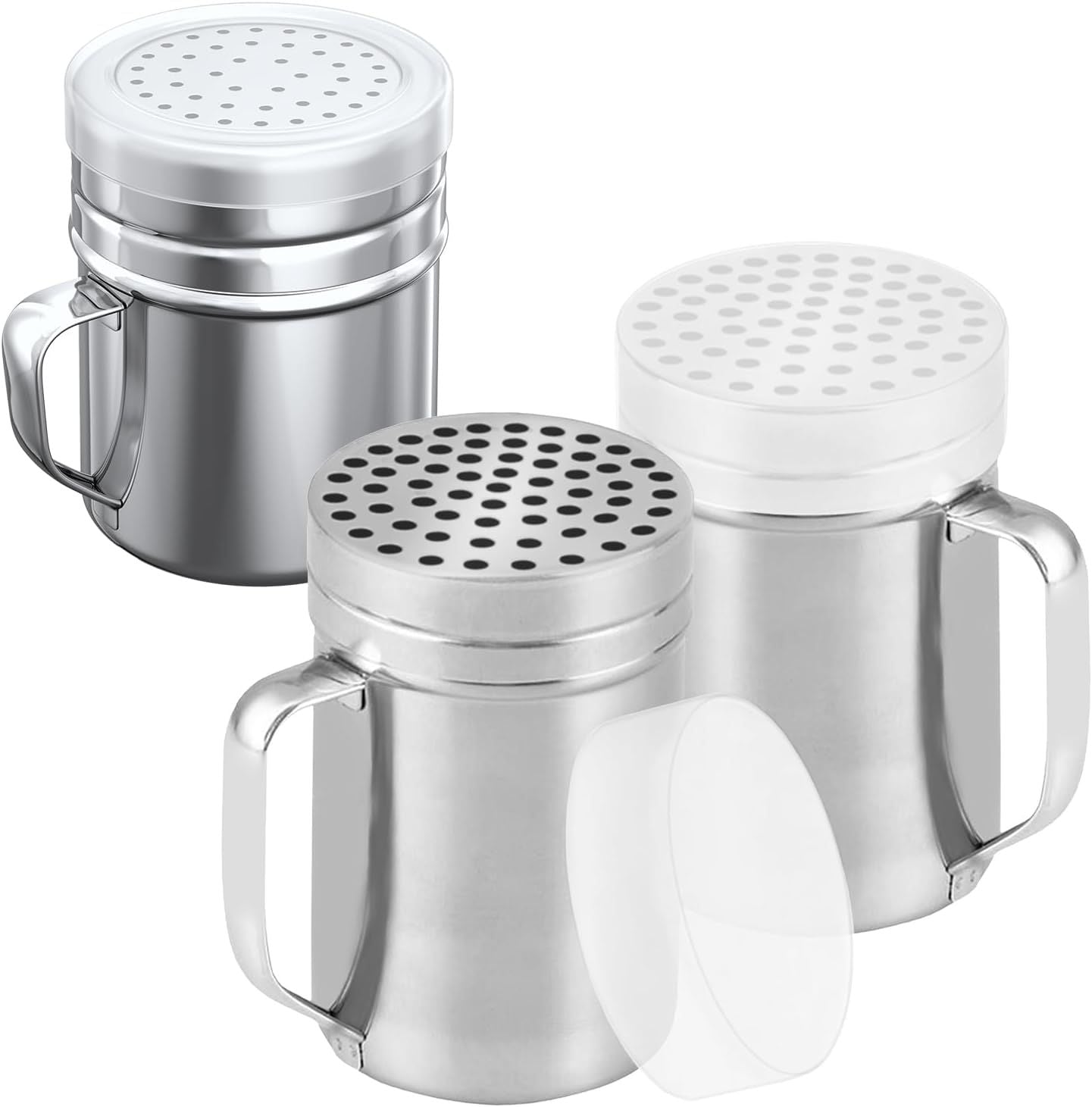 2-pcs 14oz Metal Parmesan Cheese Shakers Large Holes + 1-pcs 10oz Stainless Steel Salt & Pepper Dredge Shaker Medium Holes - with Plastic Caps and Handles Bundle