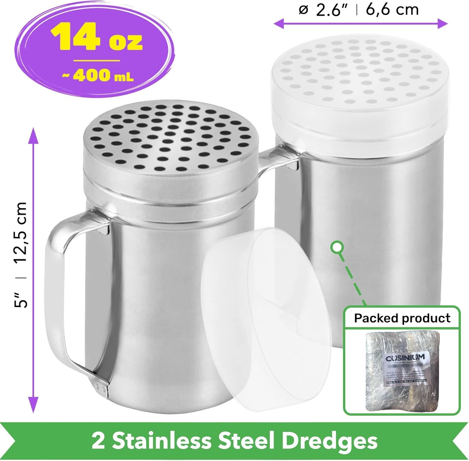 2-pcs 14oz Metal Parmesan Cheese Shakers Large Holes + 1-pcs 10oz Stainless Steel Salt & Pepper Dredge Shaker Medium Holes - with Plastic Caps and Handles Bundle