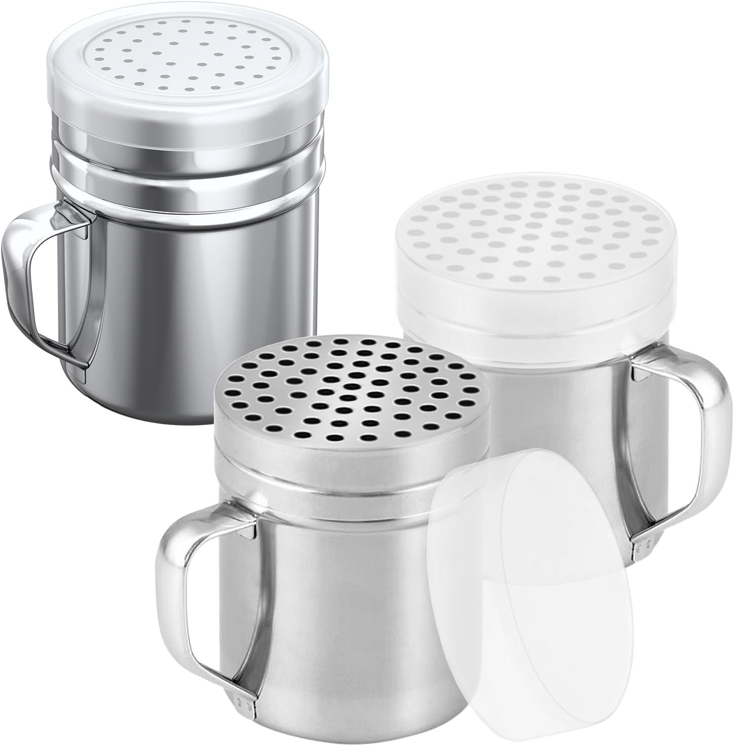 2-pcs 10oz Metal Parmesan Cheese Shakers Large Holes + 1-pcs 10oz Stainless Steel Salt & Pepper Dredge Shaker Medium Holes - with Plastic Caps and Handles Bundle