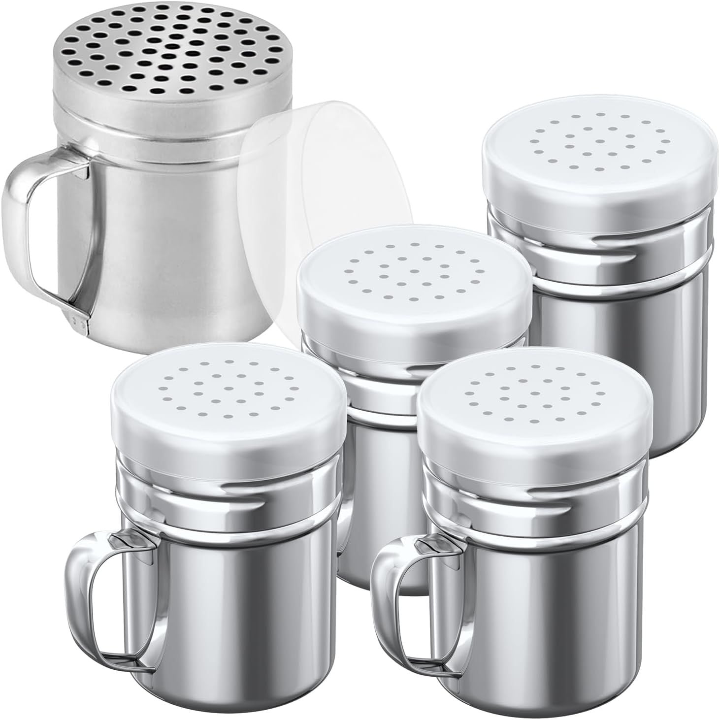 4-pcs 6oz Metal Salt Pepper Cooking Dredge Shakers Medium Holes + 1-pcs 10oz Metal Parmesan Cheese Shaker Large Holes - with Plastic Caps and Handle