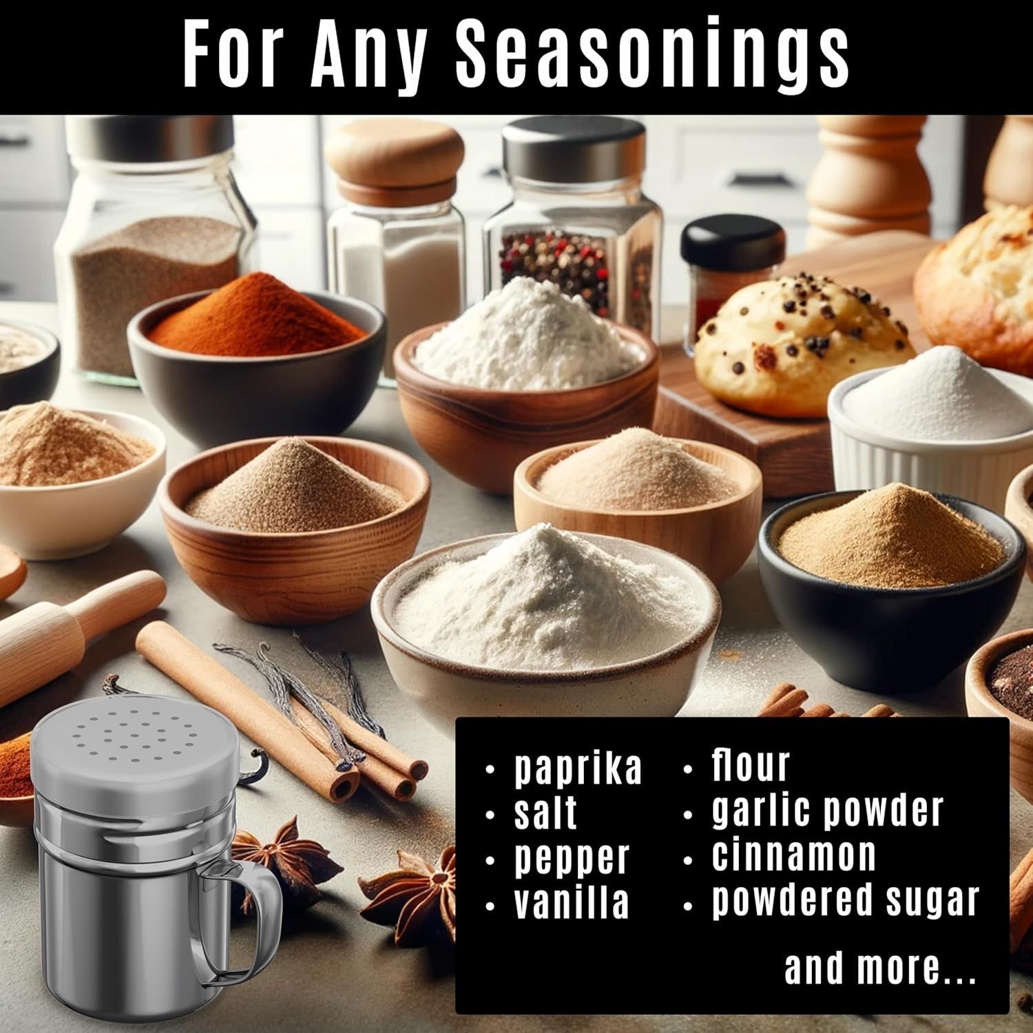 4-pcs 6oz Metal Salt Pepper Cooking Dredge Shakers Medium Holes + 1-pcs 10oz Metal Parmesan Cheese Shaker Large Holes - with Plastic Caps and Handle
