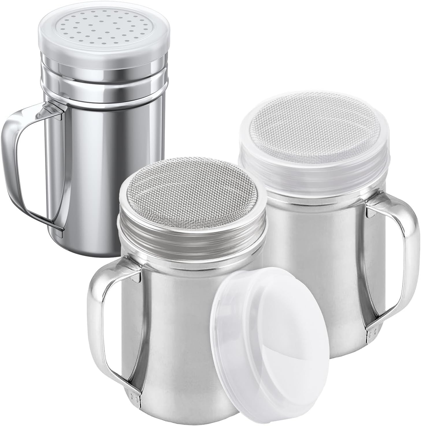 2-pcs 14oz Large Powdered Sugar Shakers ine Mesh + 1-pcs 14oz Stainless Steel Salt Pepper Dredge Shaker - with Plastic Caps & Handles Bundle