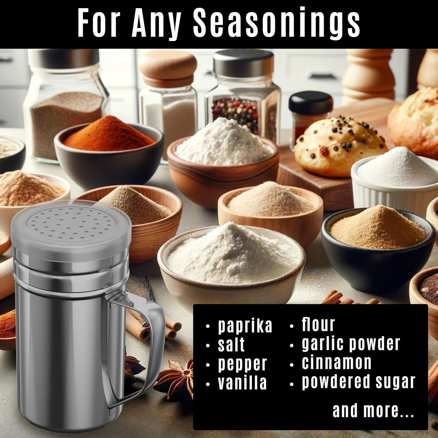 2-pcs 14oz Large Powdered Sugar Shakers ine Mesh + 1-pcs 14oz Stainless Steel Salt Pepper Dredge Shaker - with Plastic Caps & Handles Bundle