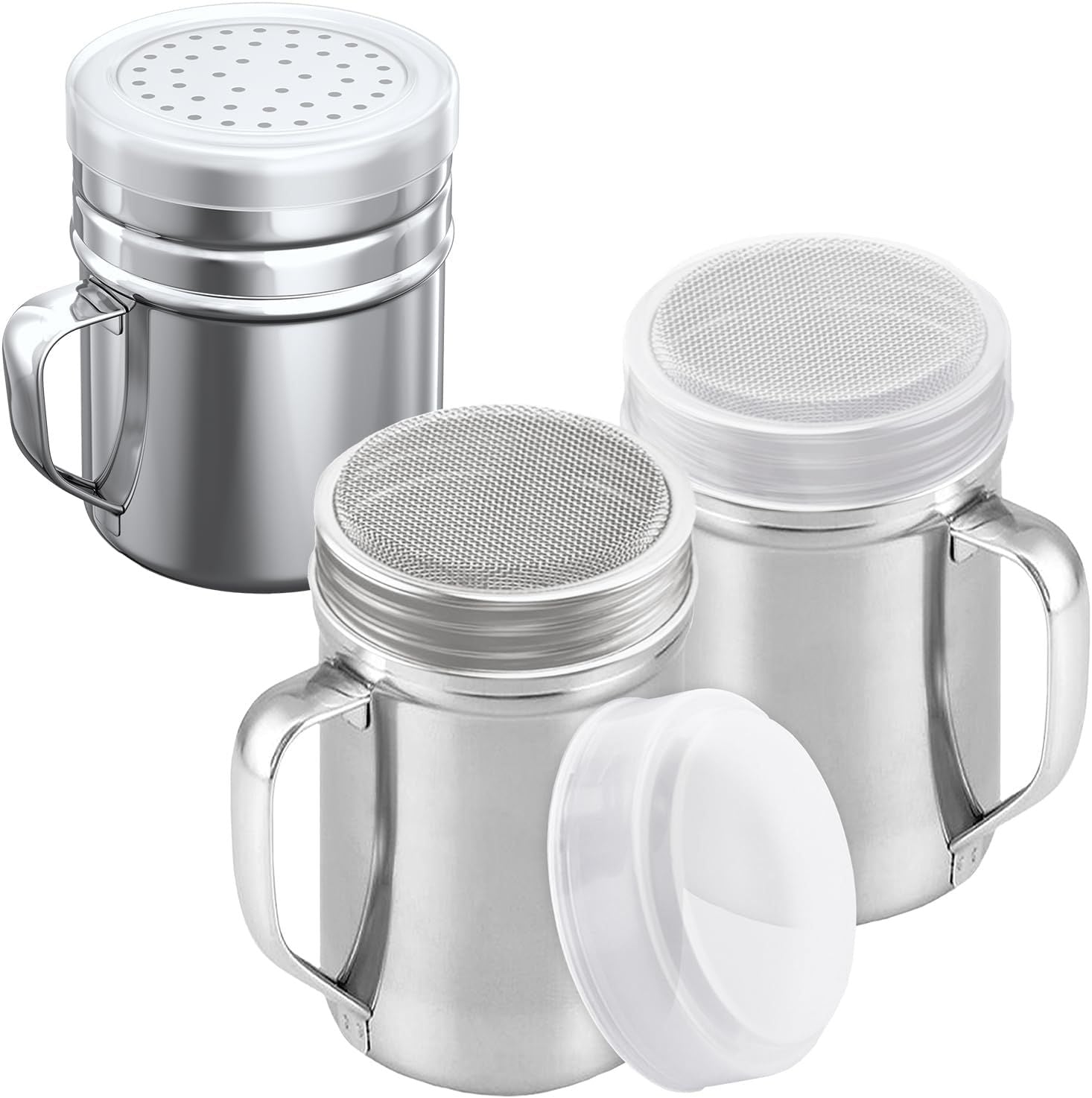 2-pcs 14oz Large Powdered Sugar Shakers ine Mesh + 1-pcs 10oz Stainless Steel Salt Pepper Dredge Shaker - with Plastic Caps & Handles Bundle