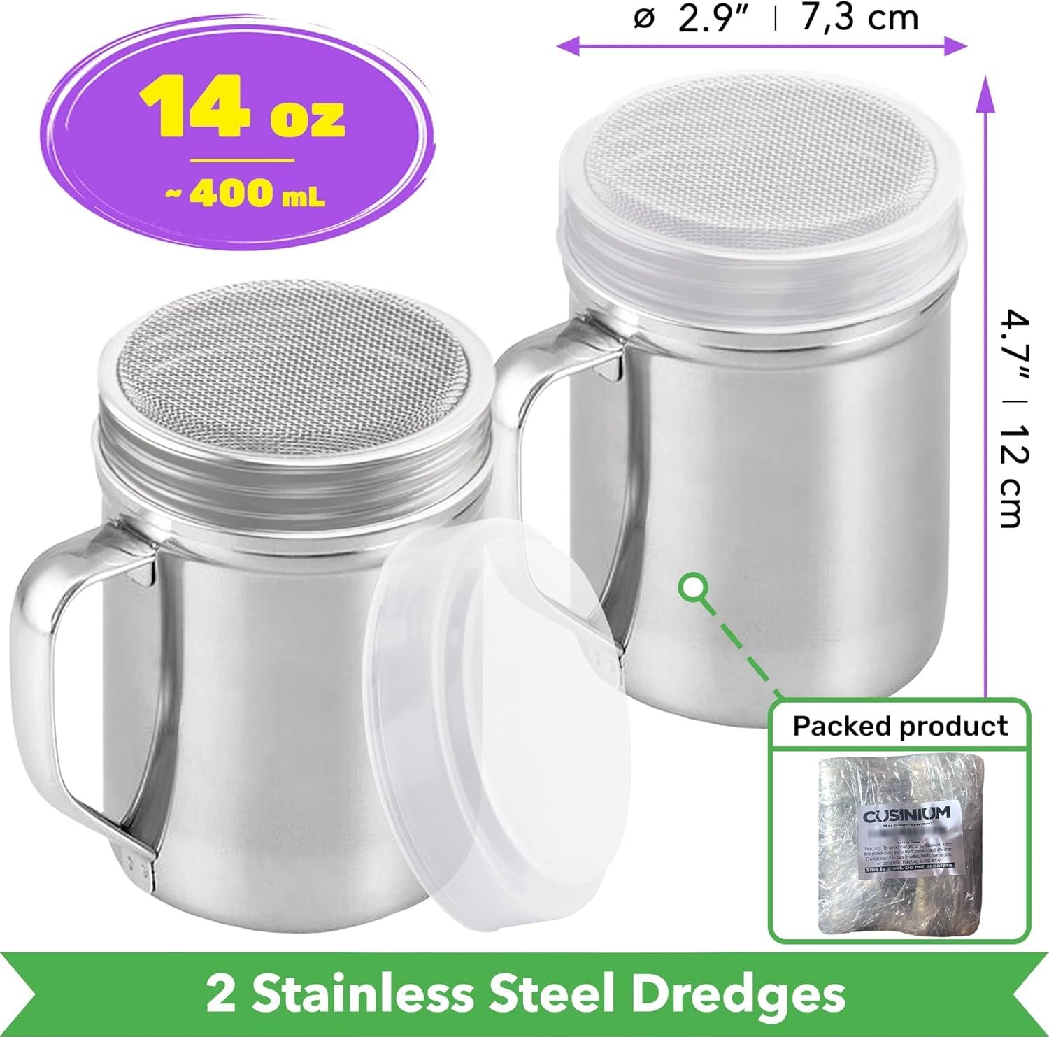 2-pcs 14oz Large Powdered Sugar Shakers ine Mesh + 1-pcs 10oz Stainless Steel Salt Pepper Dredge Shaker - with Plastic Caps & Handles Bundle