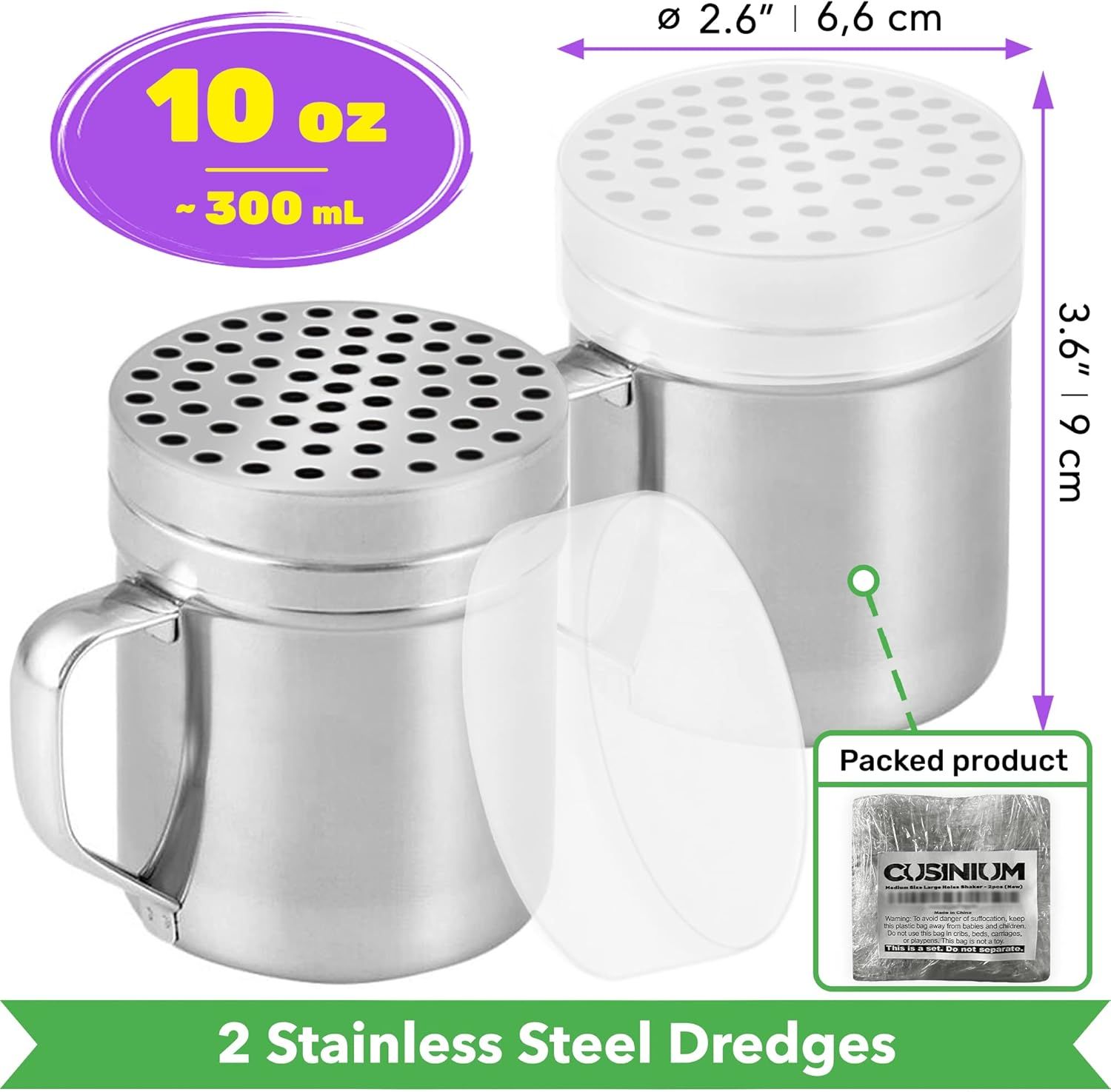 2-pcs 10oz Metal Parmesan Cheese Shakers Large Holes + 1-pcs 14oz Stainless Steel Salt & Pepper Dredge Shaker Medium Holes - with Plastic Caps and Handles Bundle