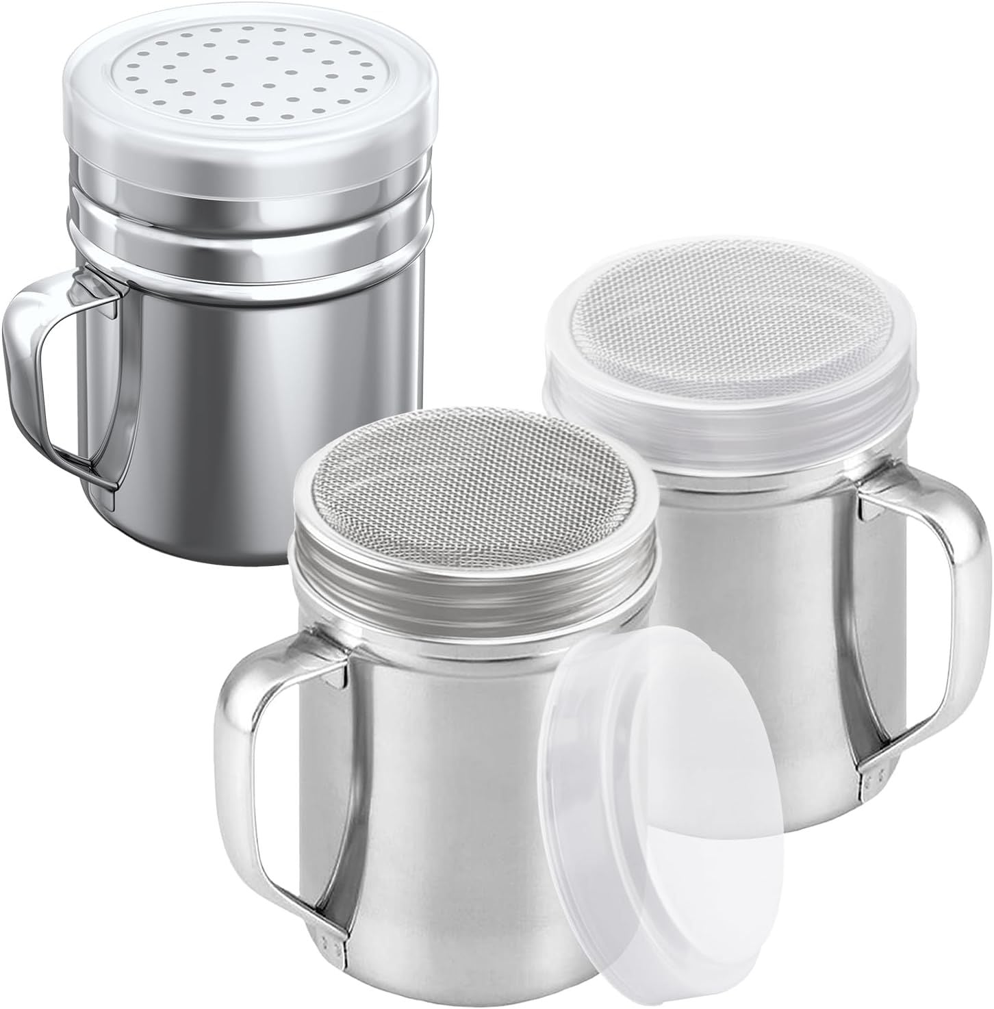 2-pcs 10oz Powdered Sugar Shakers ine Mesh + 1-pcs 10oz Stainless Steel Salt Pepper Dredge Shaker - with Plastic Caps & Handles Bundle