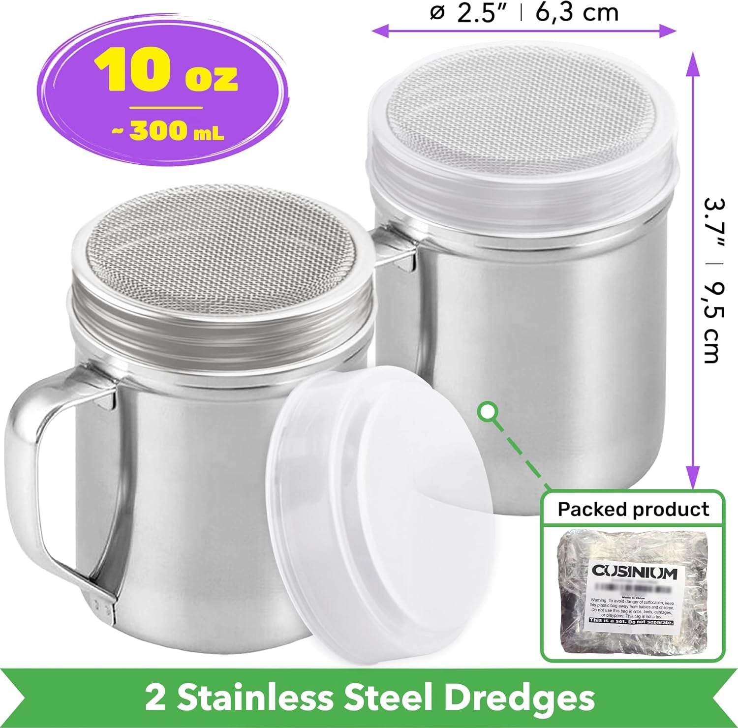 2-pcs 10oz Powdered Sugar Shakers ine Mesh + 1-pcs 10oz Stainless Steel Salt Pepper Dredge Shaker - with Plastic Caps & Handles Bundle