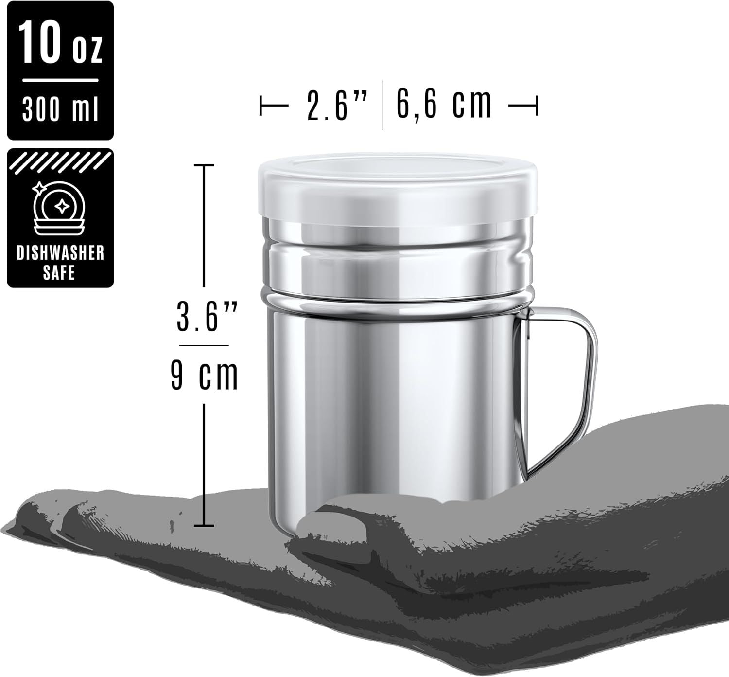 2-pcs 10oz Powdered Sugar Shakers ine Mesh + 1-pcs 10oz Stainless Steel Salt Pepper Dredge Shaker - with Plastic Caps & Handles Bundle