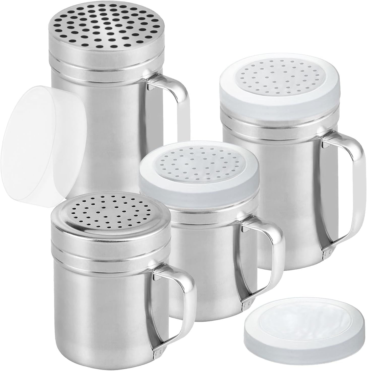 2 Stainless Steel Salt & Pepper Dredge 10 + 14 oz + 14 ounce Metal Parmesan Cheese Shaker Large Holes - with Plastic Caps & Handles Bundle
