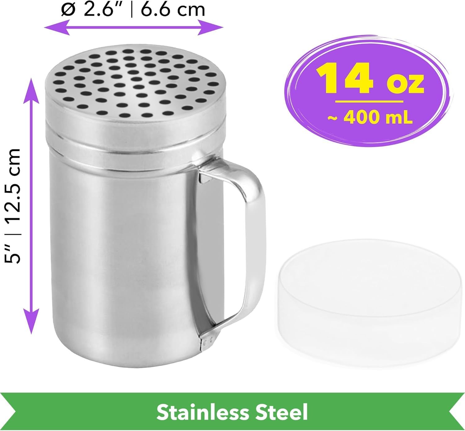 2 Stainless Steel Salt & Pepper Dredge 10 + 14 oz + 14 ounce Metal Parmesan Cheese Shaker Large Holes - with Plastic Caps & Handles Bundle