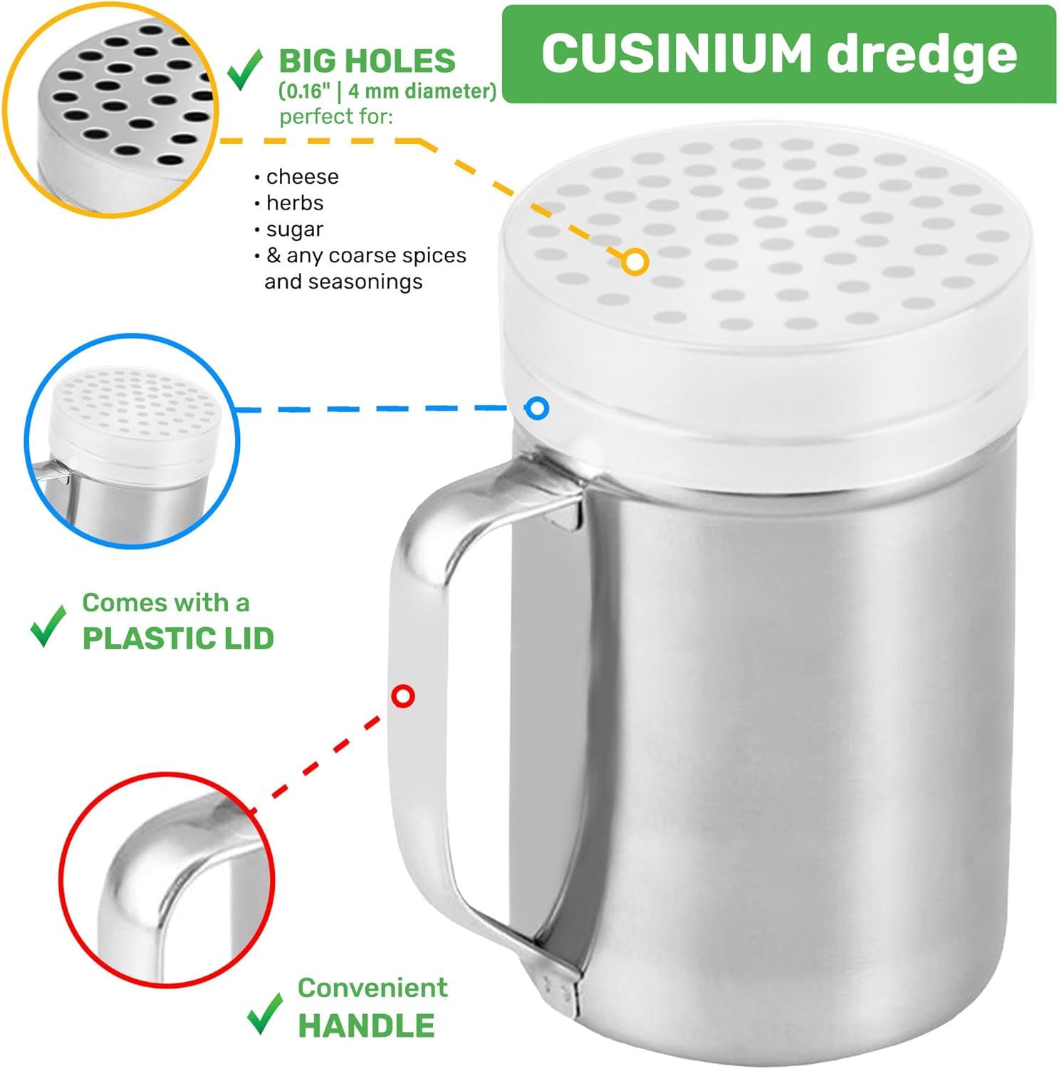 2 Stainless Steel Salt & Pepper Dredge 10 + 14 oz + 14 ounce Metal Parmesan Cheese Shaker Large Holes - with Plastic Caps & Handles Bundle