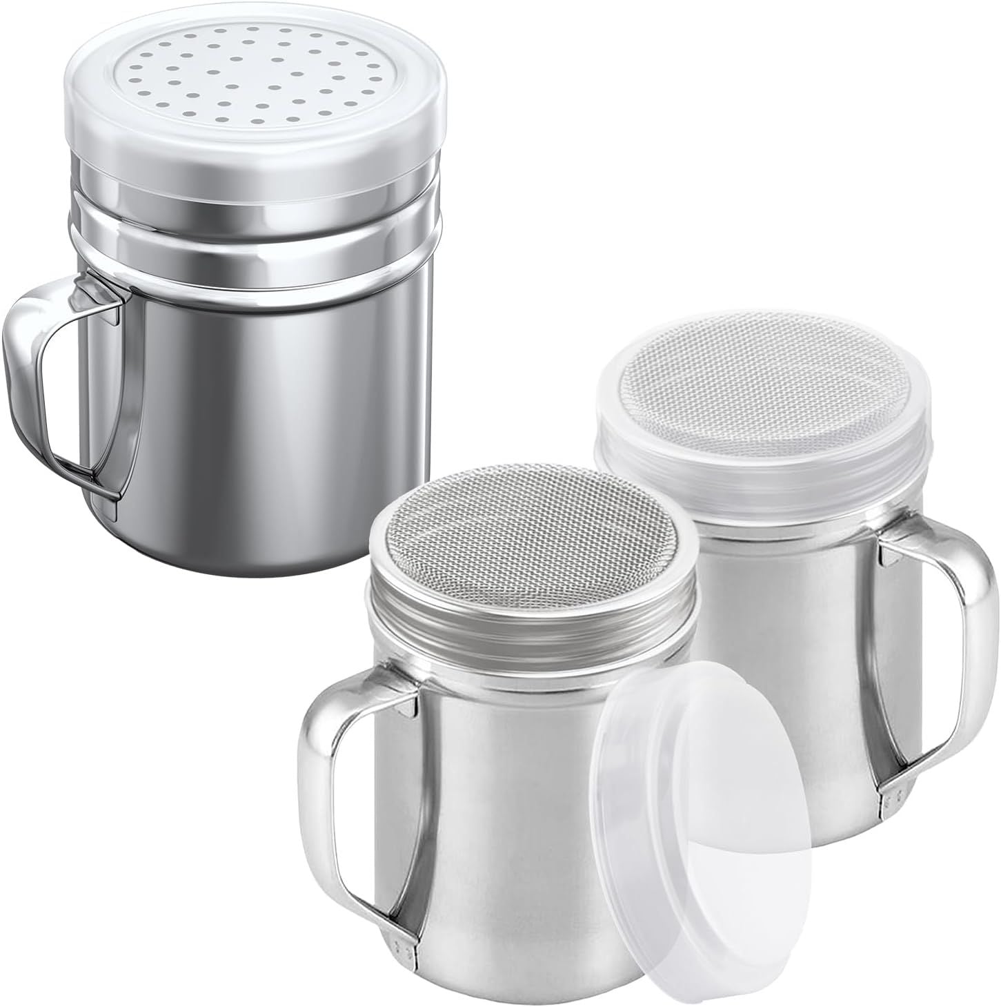 2-pcs 6oz Powdered Sugar Shakers ine Mesh + 1-pcs 10oz Stainless Steel Salt Pepper Dredge Shaker - with Plastic Caps & Handles Bundle